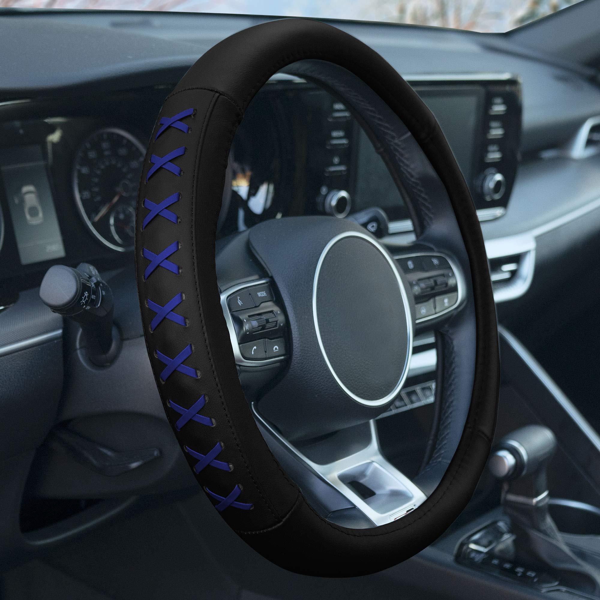 Fh Group 15 Inch Genuine Leather With Lace-Up Detailing Steering Wheel Cover Fits Most Cars, Suvs, And Trucks Blue