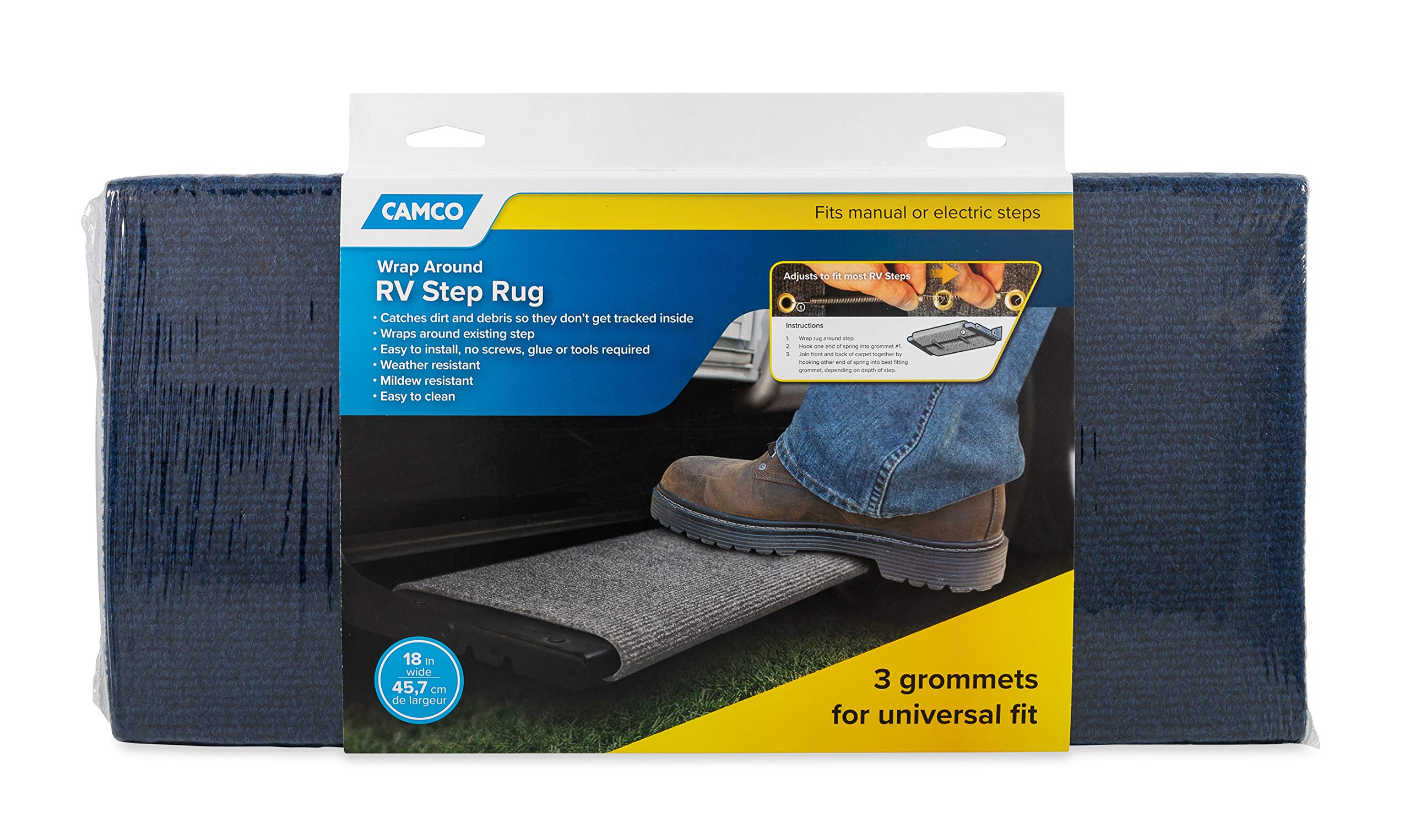 Camco Wrap Around Step Rug | Protects Your Rv From Unwanted Tracked In Dirt | Works On Electrical And Manual Rv Steps | Blue (42924)