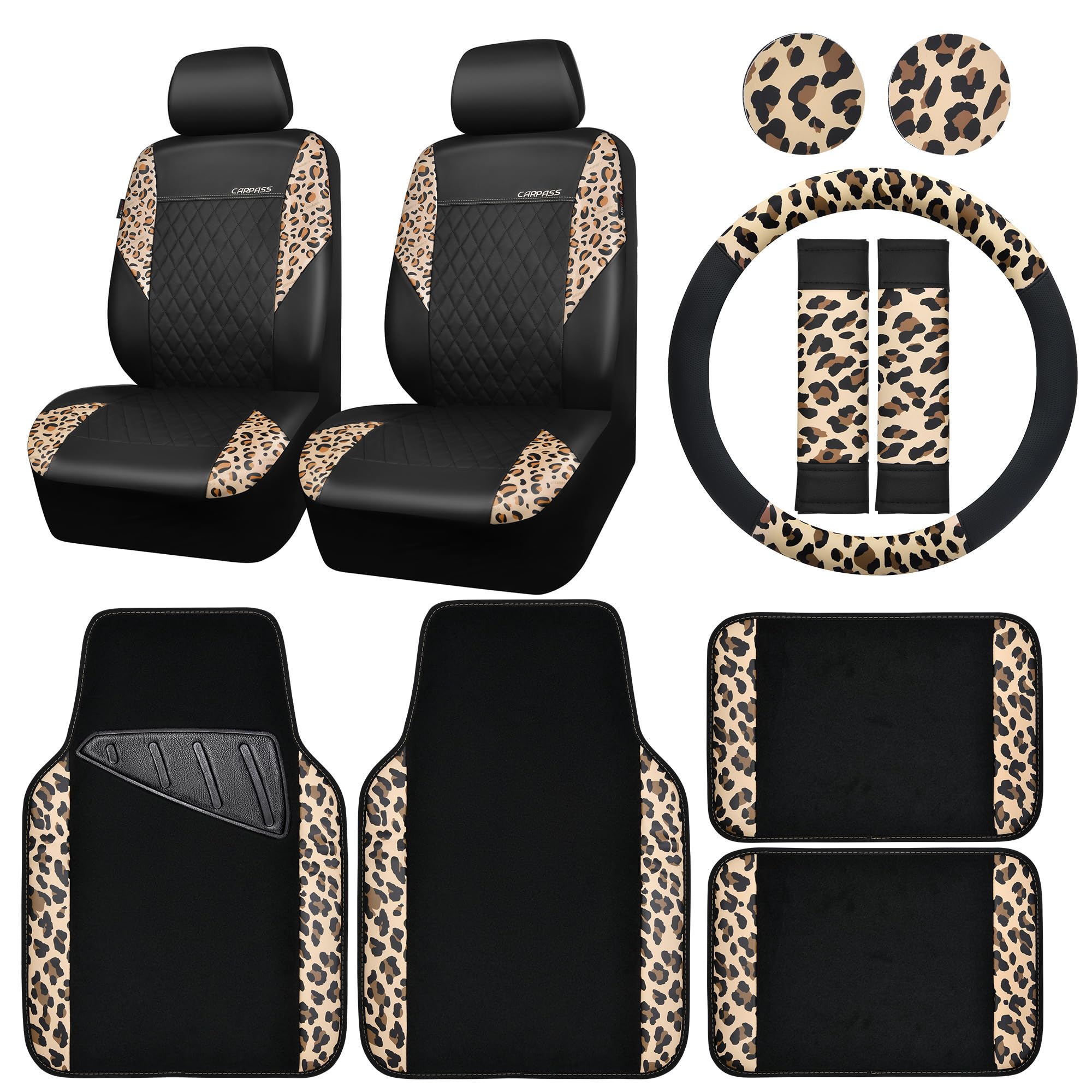 Car Pass Leopard Print Faux Leather Car Seat Covers & Leopard Car Mats&Leopard Steering Wheel Cover Seat Belt Pad Universal Car