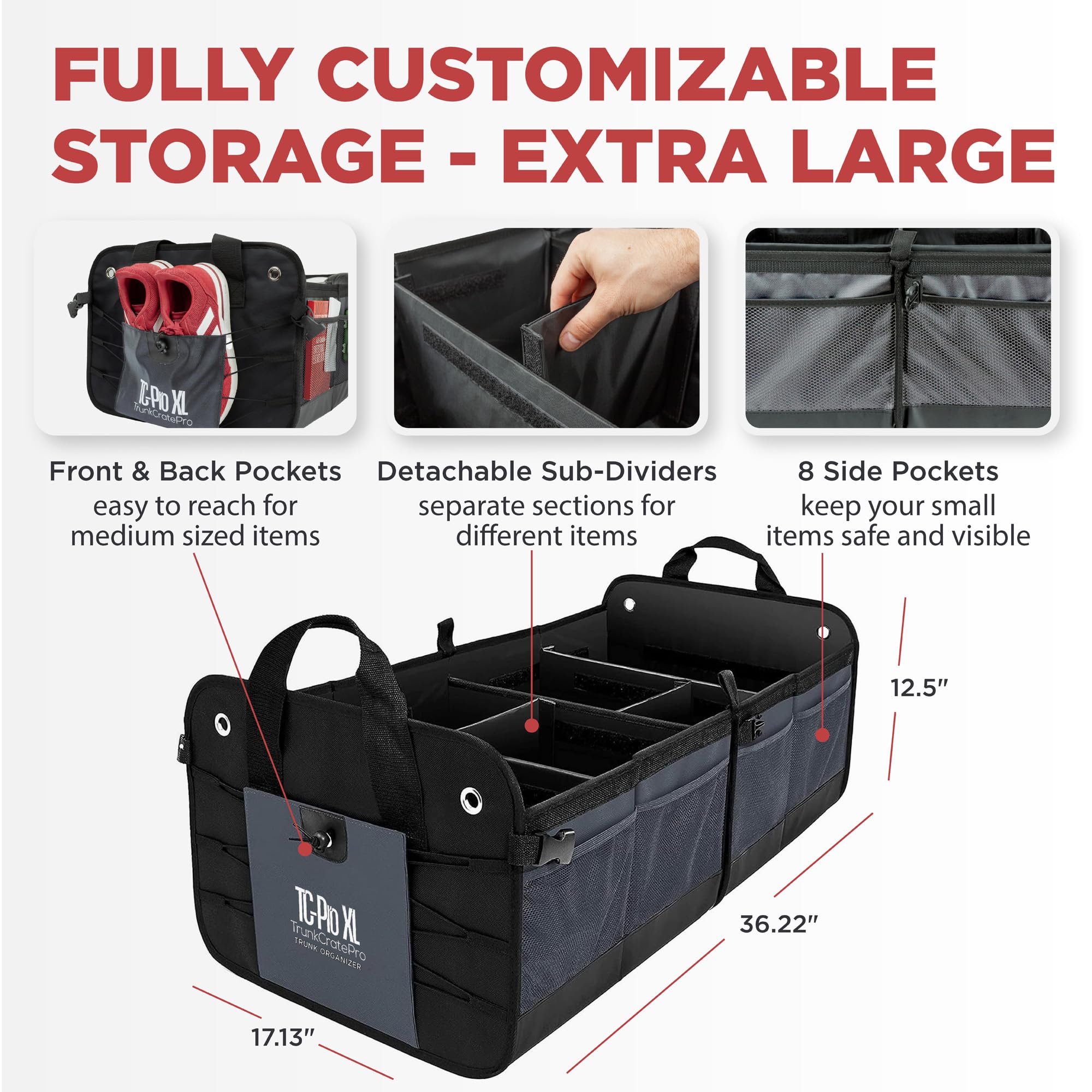 Trunkcratepro - Xl Trunk Organizer For Suv, Car, Truck With 6 Compartments Adjustable Collapsible Portable Non-Skid Premium Carg
