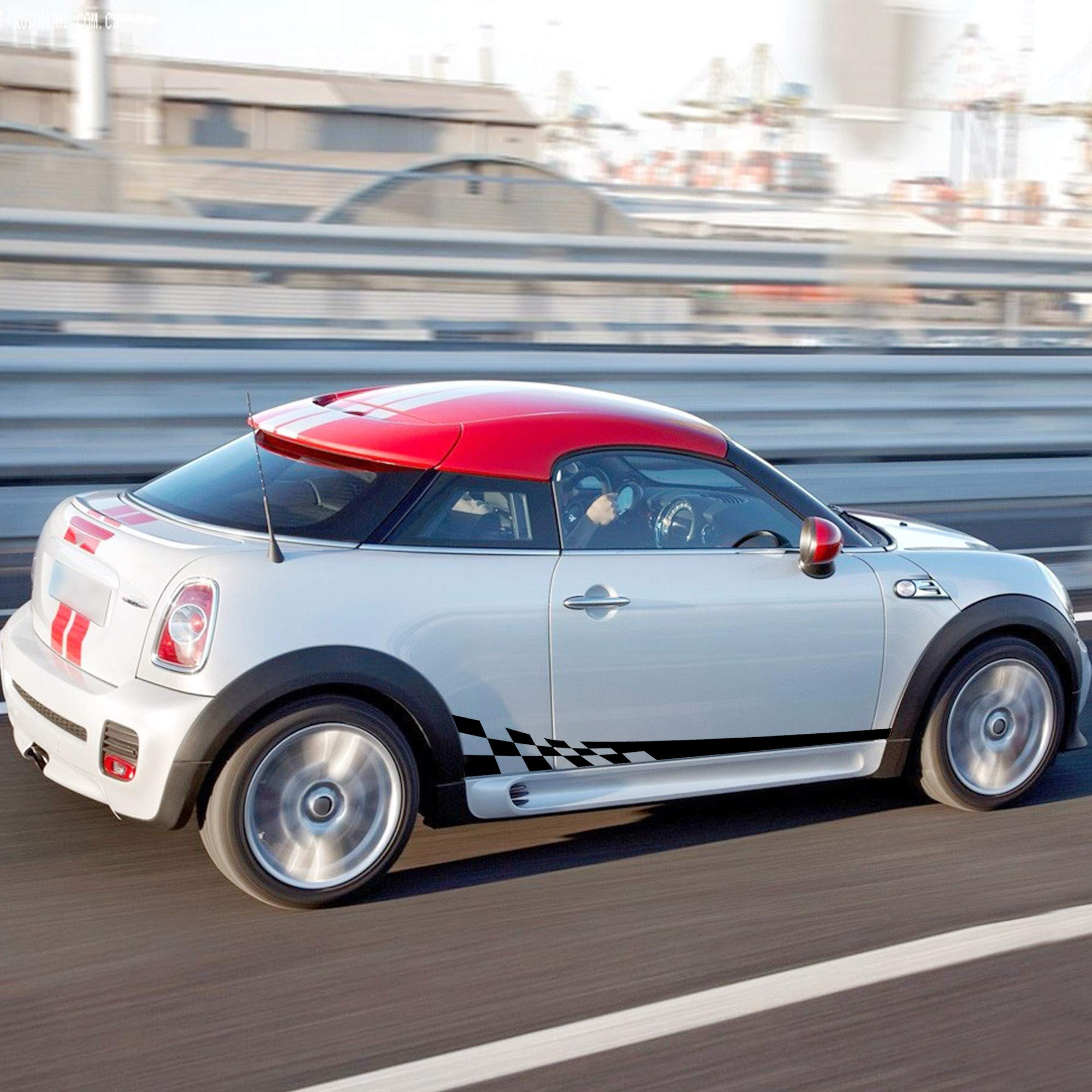 Tomall 1 Pair 77.2'' Racing Checkered Flag Side Stripe Decals Compatible With Mini Cooper Lattice Grid Stripe Graphic Waterproof