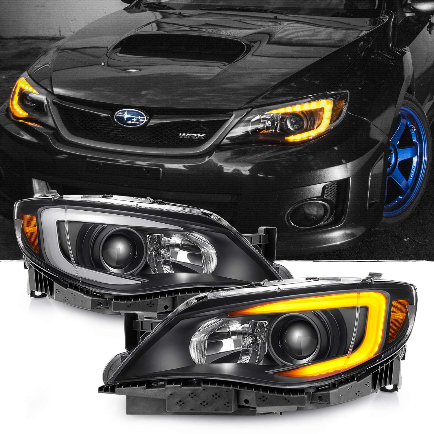 Akkon - [C-Style] [Black] For 2008-2014 Subaru Impreza Wrx Led Drl Switchback Turn Signal Projector Headlights