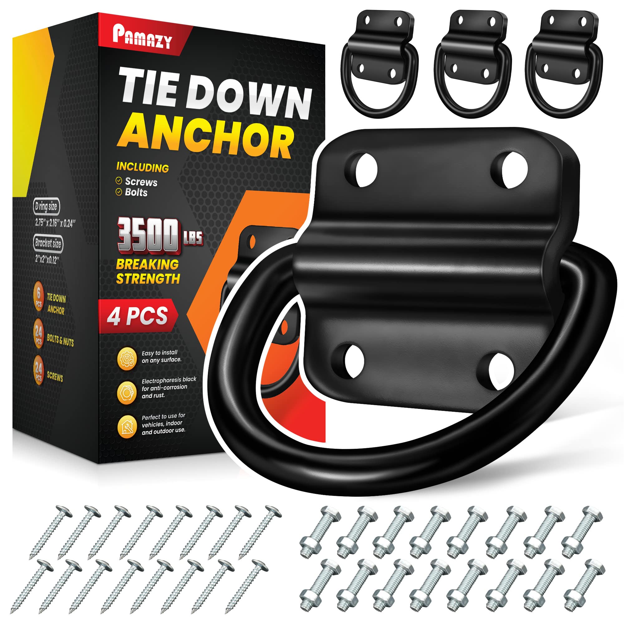 Pamazy 4Pcs Heavy Duty Steel D Rings Tie Down Anchors, Ultra Durable 3500 Pound Breaking Strength Surface Mount Hooks Securing C