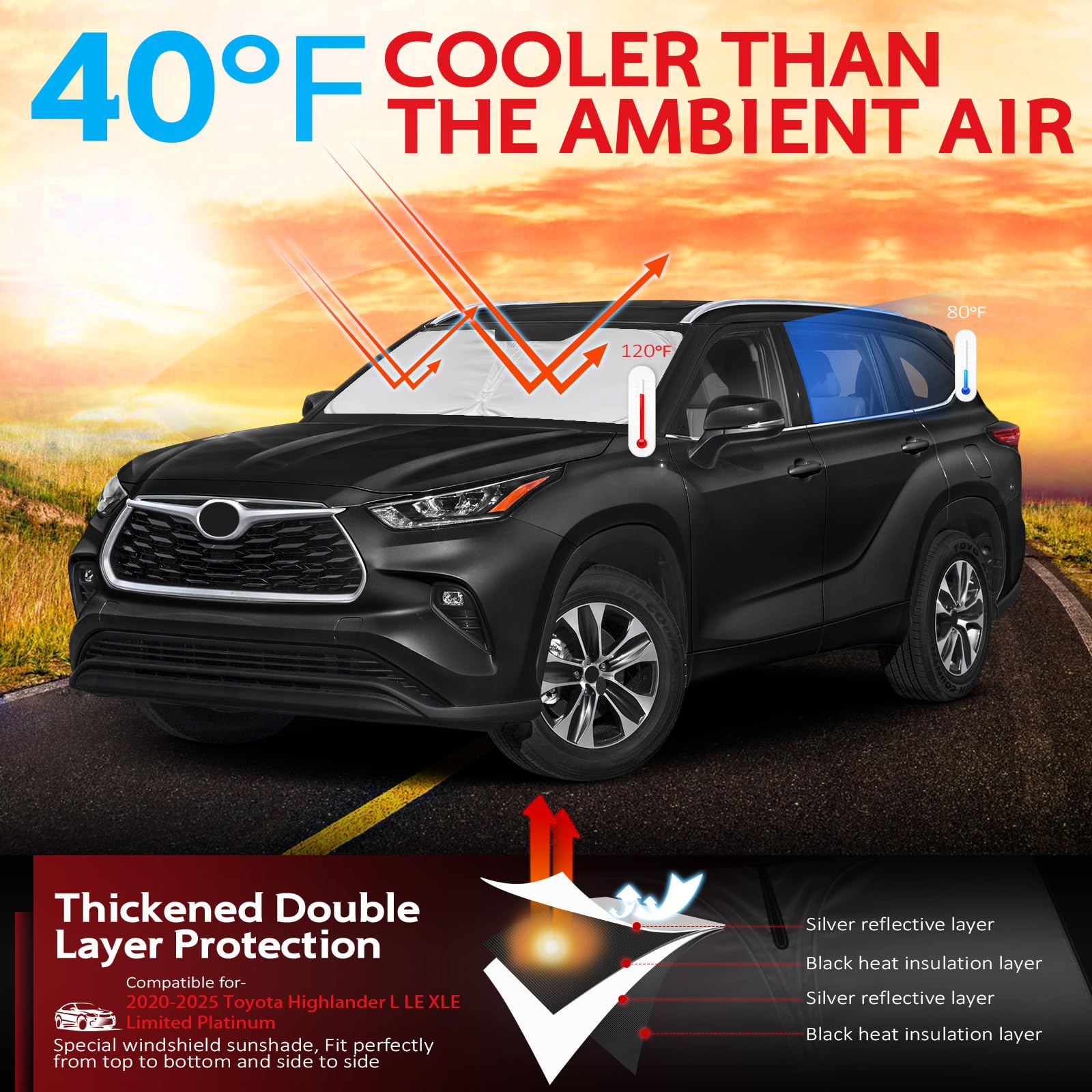 Kayzt Windshield Sun Shade For Toyota Highlander 2020-2025 L Le Xle Limited Platinum Foldable Sunshade Front Window Custom Fit A