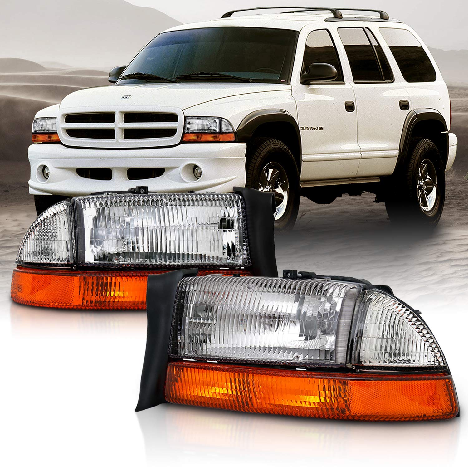 Amerilite Chrome Headlights Parking Turn Signal Sets (4Pc) For Dodge Dakota/Durango (Pair) W/Mounting Bracket