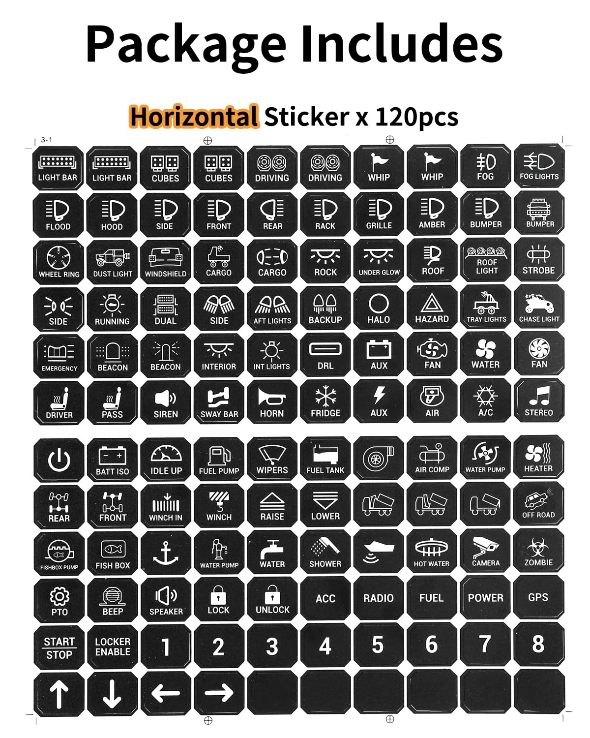 Auxbeam 120Pcs Switch Panel Sticker, Switch Label Kit For Auxbeam Switch Panel Ba80, Ga80, Bb80, Gb80, Bc60, Gc60, Ar-800 Fit For Car Boat Truck Vehicle Text Sticker, Black,White