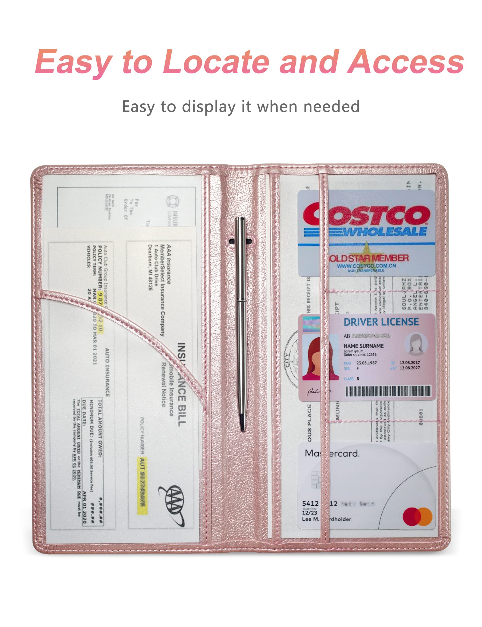 Yarnic Car Registration And Insurance Holder, Car Document Holder With Magnetic Closure, Car Accessories Wallet For Driver License, Cards And Other Essential Documents (Rose Gold)