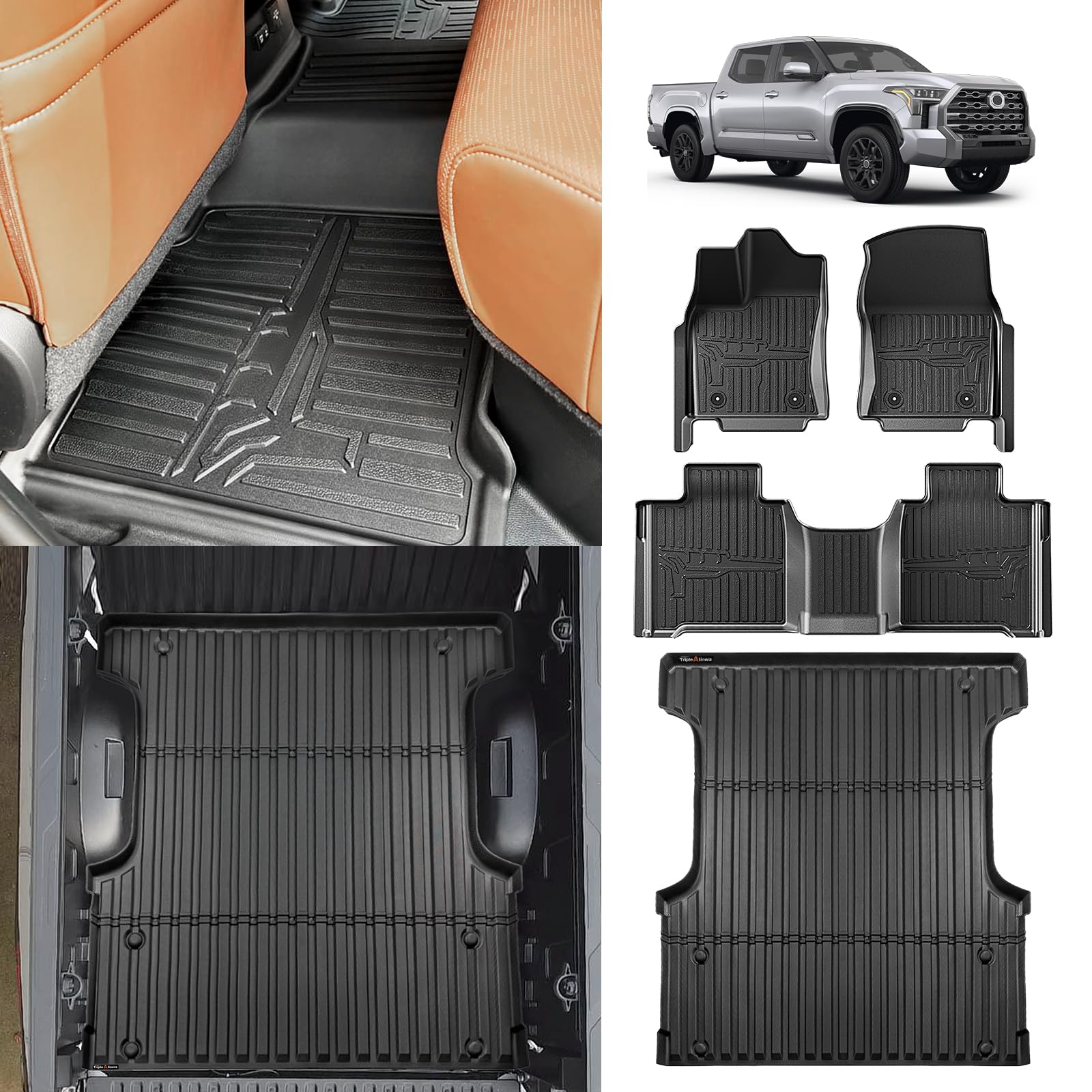 Triplealiners Truck Bed Mat & Floor Mats Front Rear Full Set Compatible With Toyota Tundra 2022-2024 2025 Crewmax Cab Accessorie