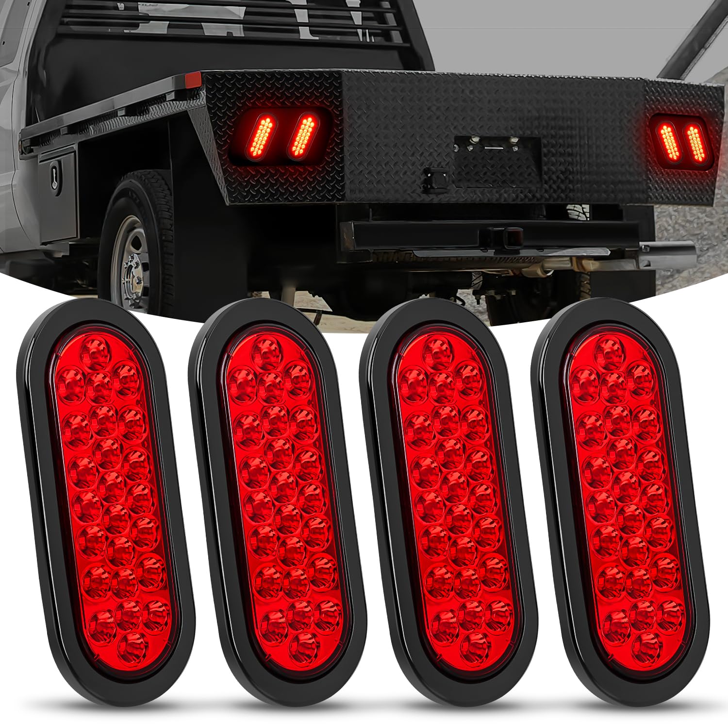 Nilight 6Inch Oval Trailer Tail Light 4Pcs Red 24Led Stop Brake Turn Marker Lights W/Flush Mount Grommets Plugs Ip67 Waterproof