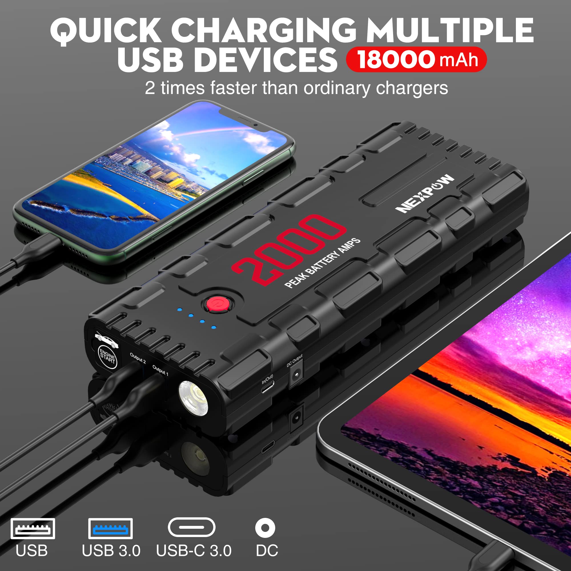 Nexpow Car Jump Starter, 2000A Peak 12V Portable Car Battery Starter, Auto Battery Booster, Lithium Jump Box With Led Light/Usb Quick Charge 3.0