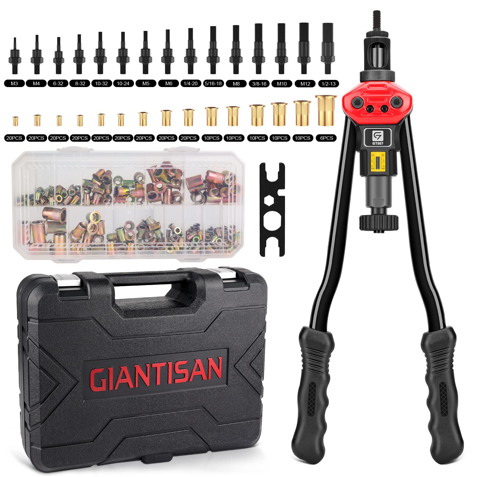 Giantisan Rivet Nut Tool, 16-Inch Rivnut Tool Kit With 15 Sae & Metric Mandrels, 236Pcs Rivnut Assortment Kit And Rugged Carryin