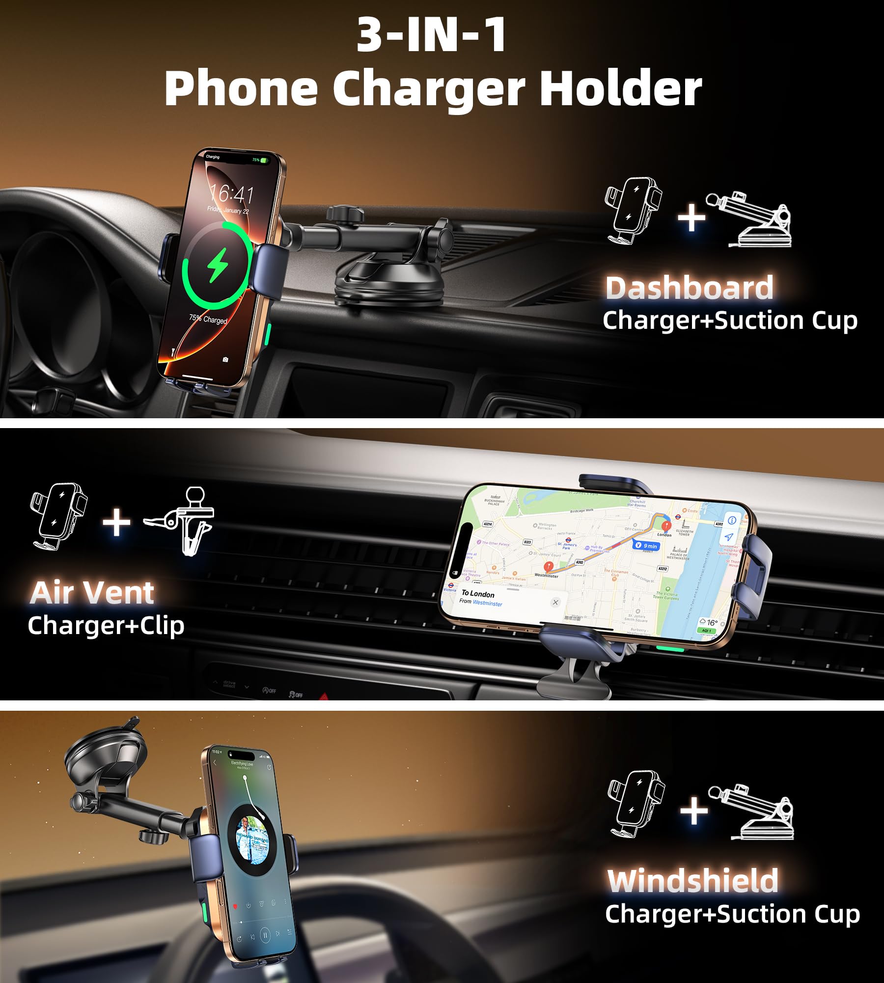 Gumosh Dual Coil 15W Wireless Car Phone Charger,2 In 1 Auto Clamping Car Mount Charging Phone Holders For Air Vent&Dashboard,Car