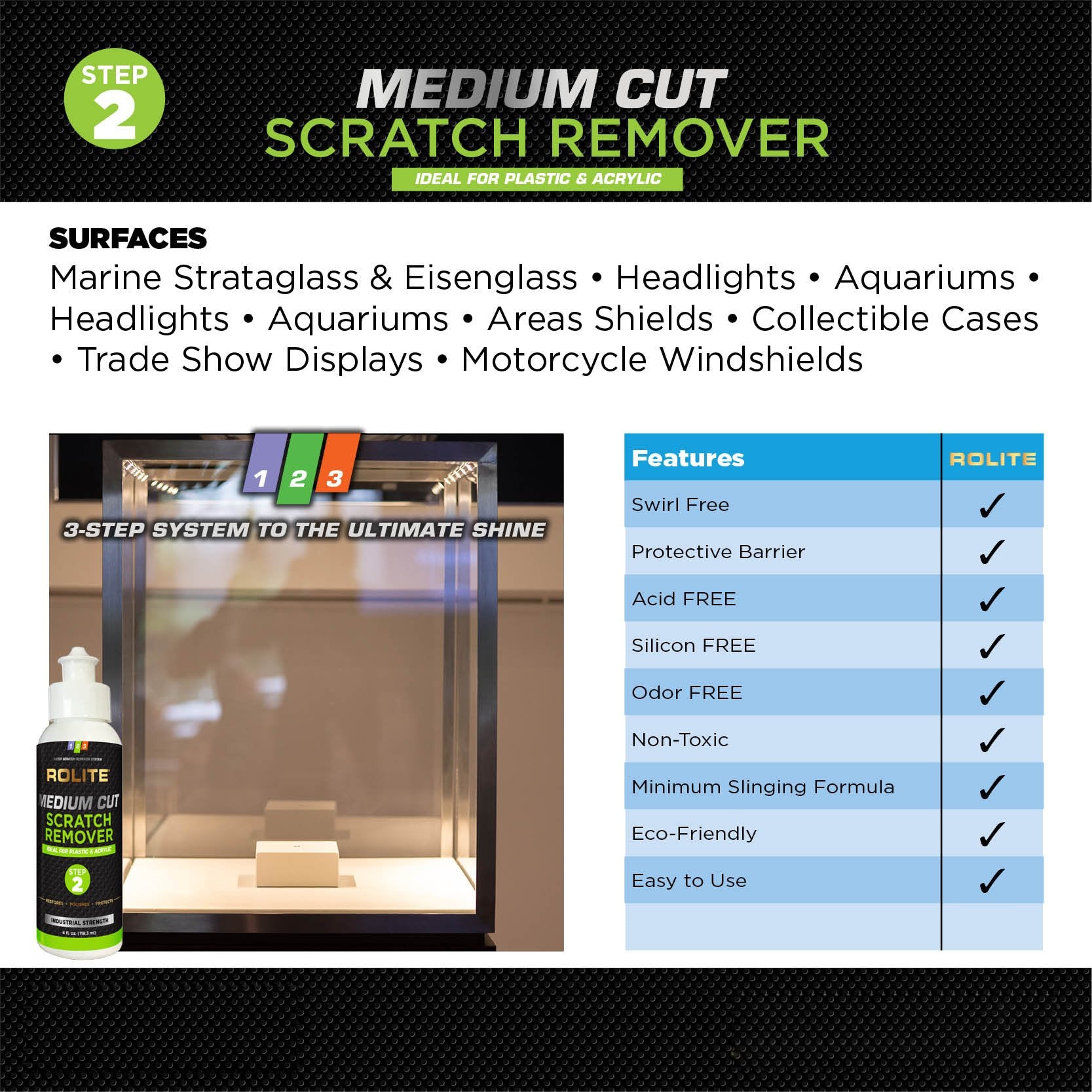 Rolite Medium Cut Scratch Remover for Plastic & Acrylic Surfaces Including Marine Strataglass & Eisenglass, Headlights, Aquarium