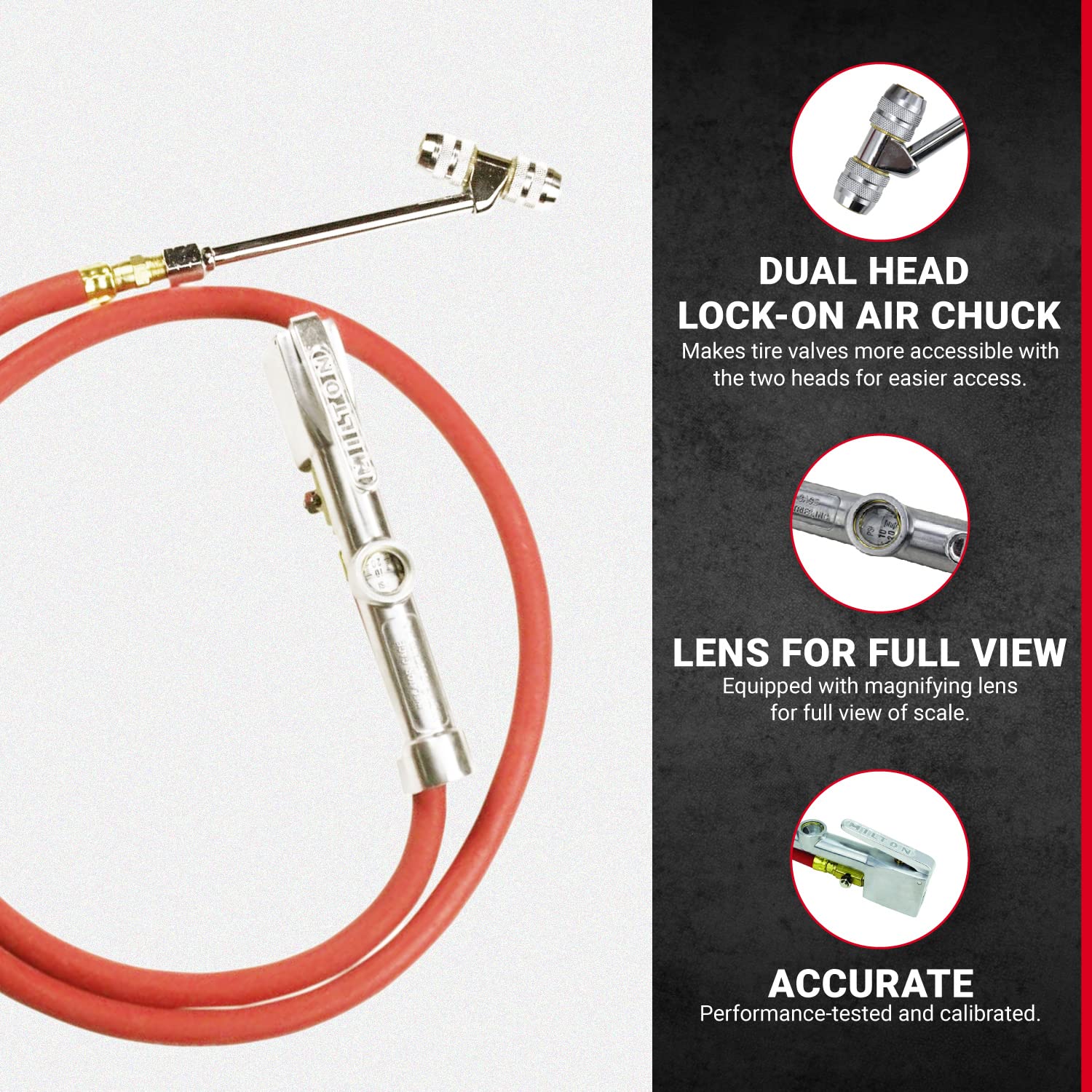 Milton 553 Heavy-Duty Truck Tire Inflator With Pressure Gauge, 5' Hose Dual Lock-On Air Chuck, Made In Usa (Osha Compliant) 10-160 Psi