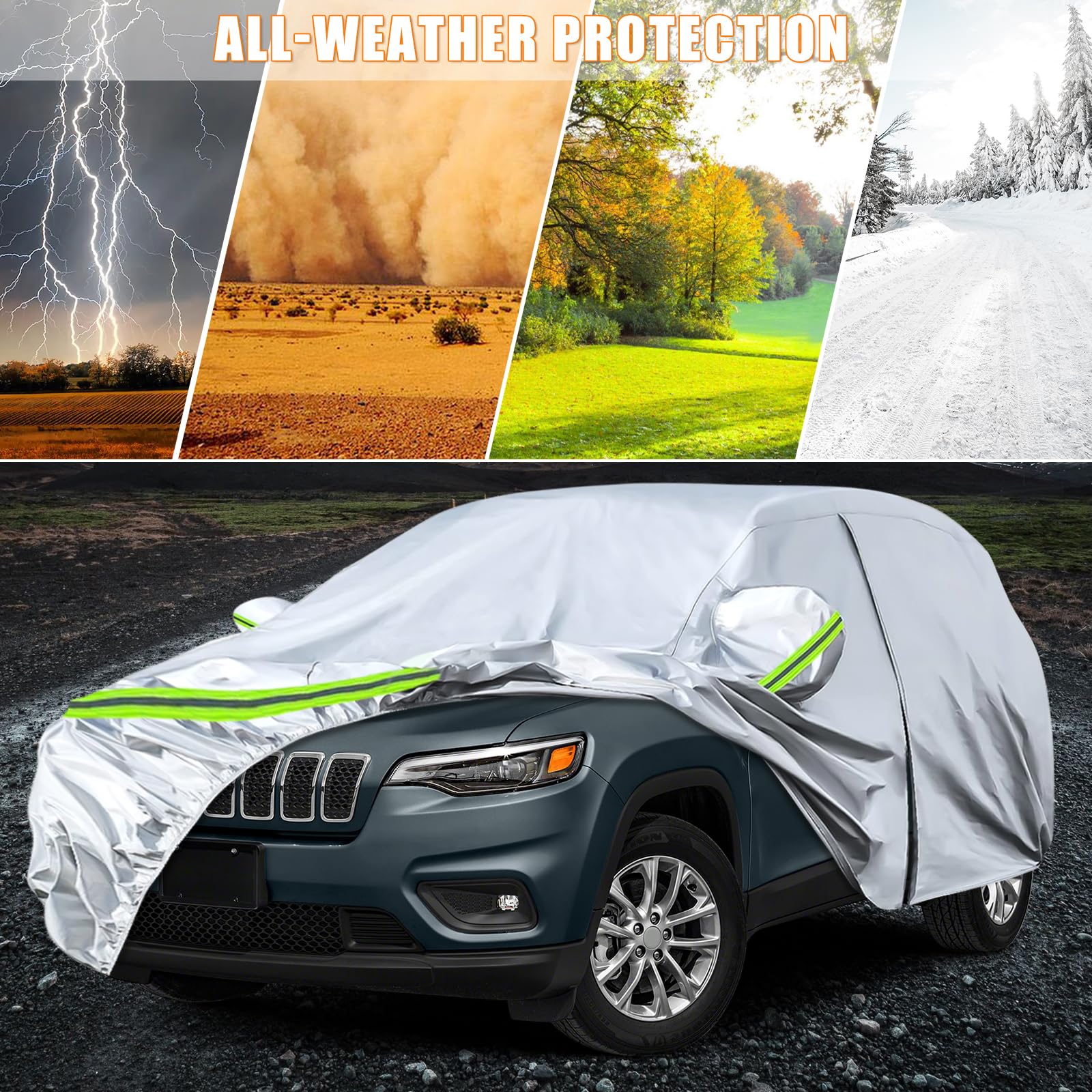 Waterproof Car Covers Replace For 2014-2025 Jeep Cherokee, 6 Layers Silver All Weather Custom-Fit Car Cover With Zipper Door & W
