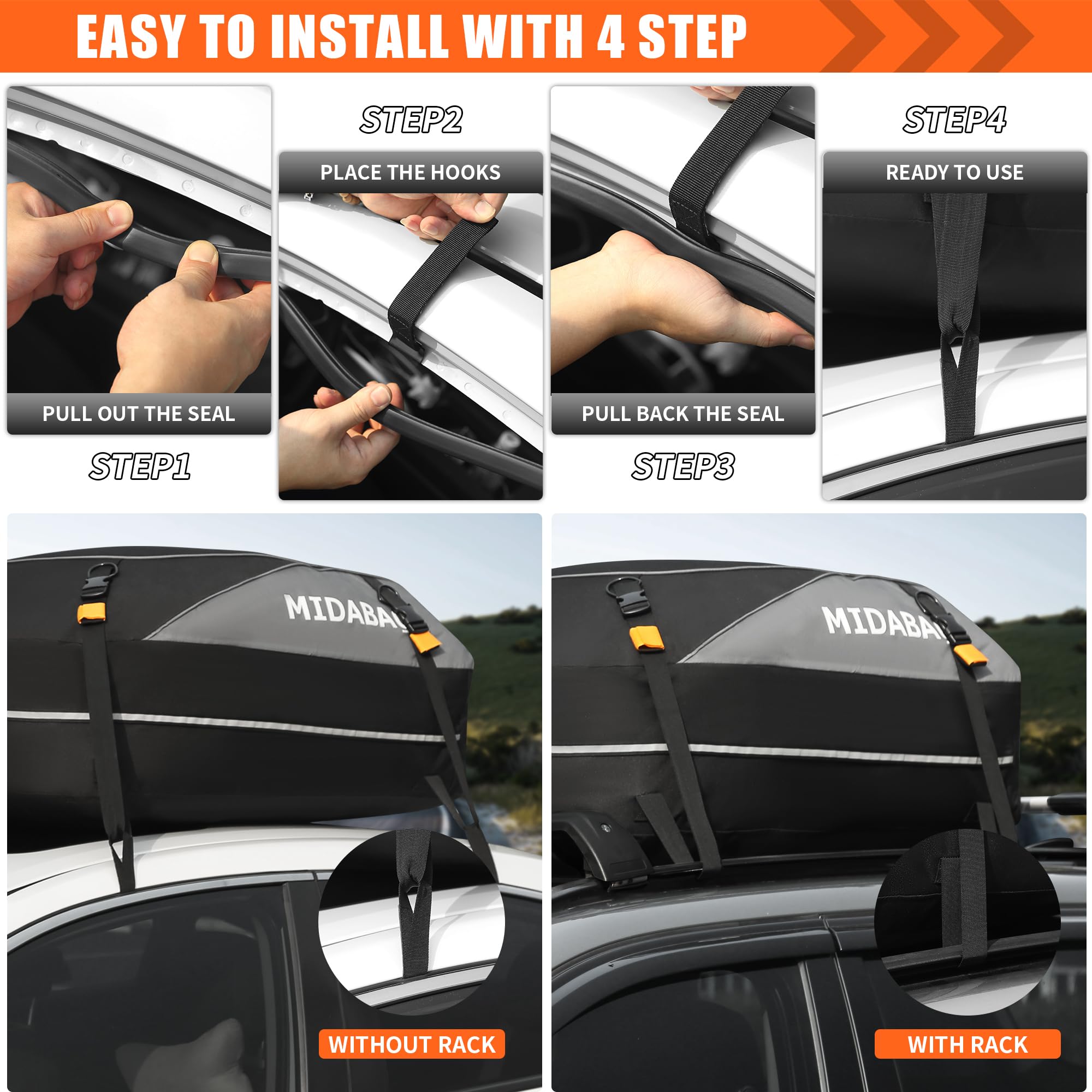 Midabao 15 Cubic Waterproof Duty Car Top Carrier - Zippers Coated, Includes Anti-Slip Mat - For Vehicles With Or Without Racks