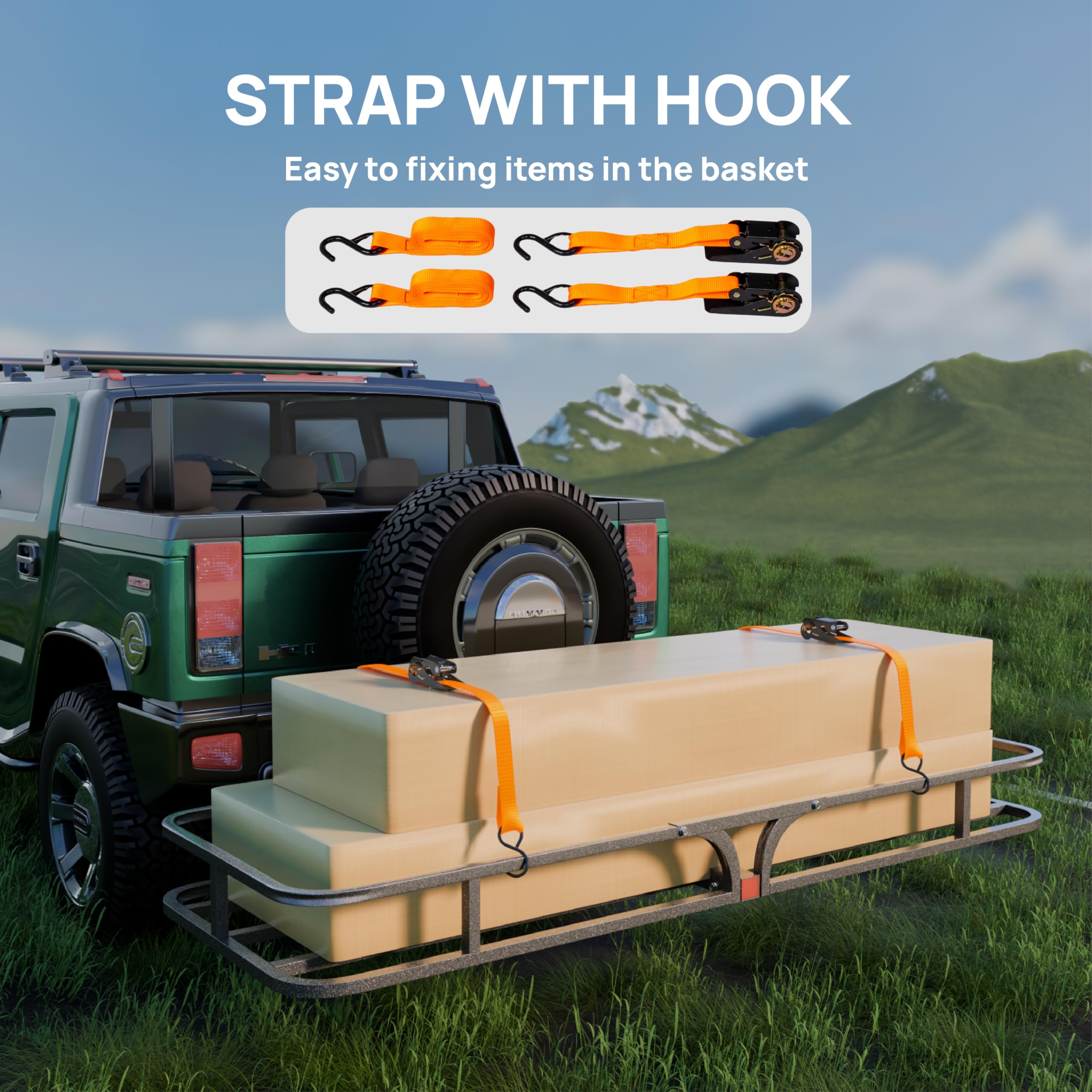 Tuffiom 54''X19''X5.5'' Hitch Mount Cargo Carrier Basket, 500Lbs Steel Car Cargo Trailer Hitch Luggage Rack With Straps & Stabil