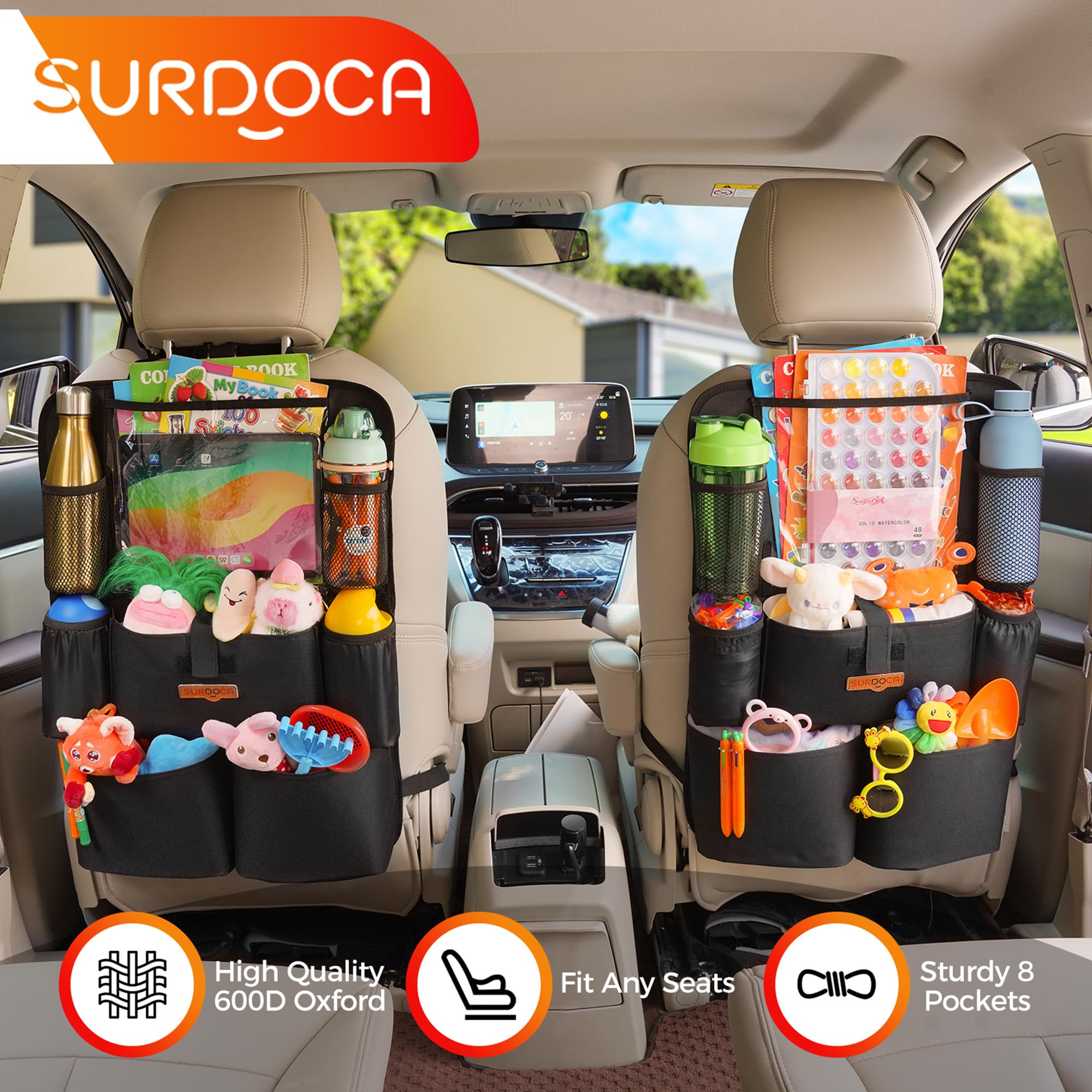 Surdoca Upgraded Car Organizer With 11-In Touch Screen Tablet Holder, Backseat Organizer With 8 Pockets, Car Seat Protector Road