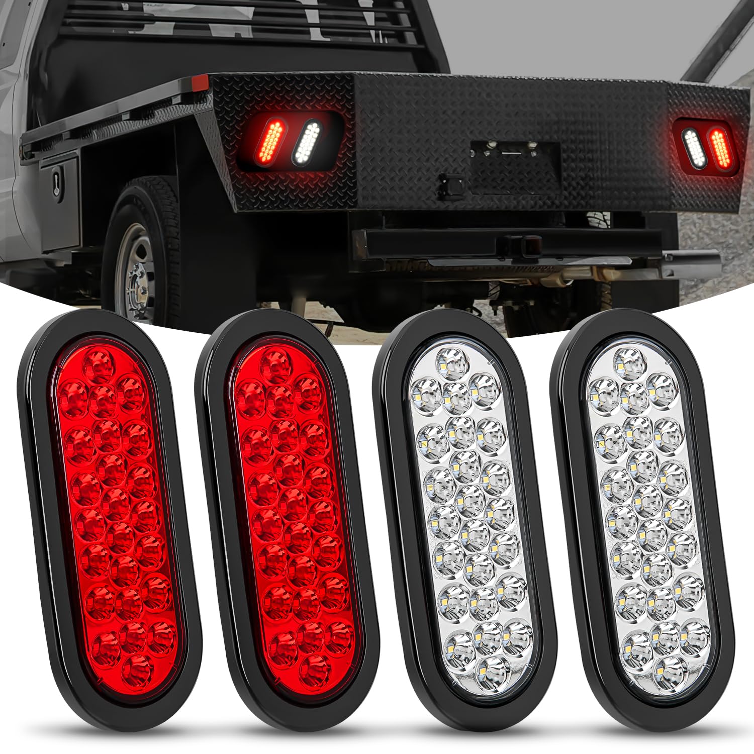 Nilight 6Inch Oval Trailer Tail Light 4Pcs White Red 24Led Brake Turn Signal Reverse Lights W/Flush Mount Grommets Plugs Ip67 Wa