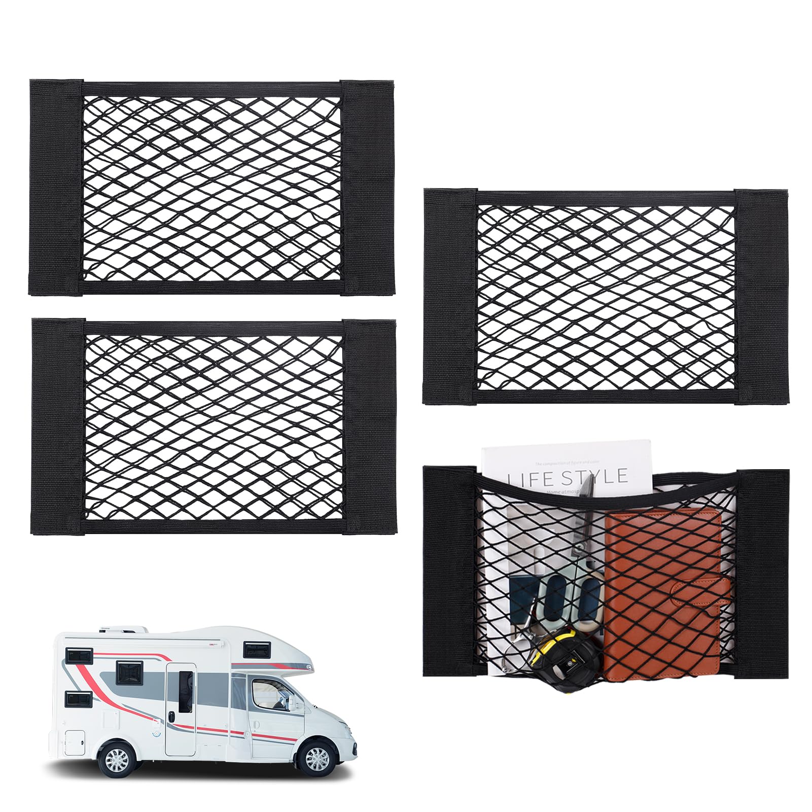 Bigmeta 4PCS RV Cargo Storage Mesh Net, Elastic Stretchable Netting Pocket with 8 Adhesive Strip Wall Sticker for SUV, Truck(17.