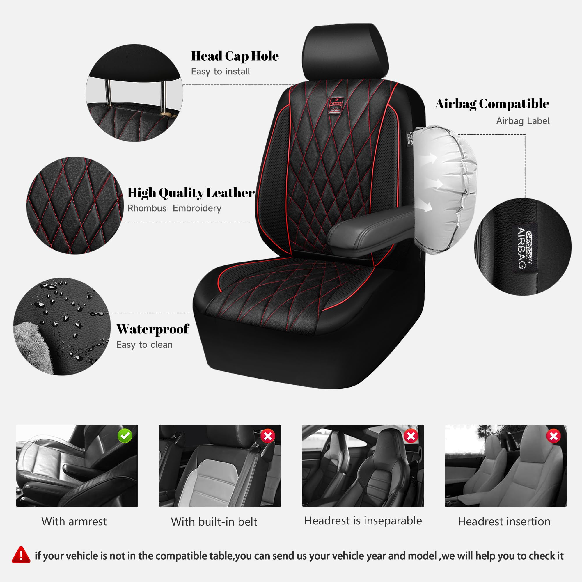 Car Pass Piping Luxury Leather Seat Covers Full Set,5 Seats Anti-Slip Waterproof Seat Covers Compatible With Front Armrests,Univ