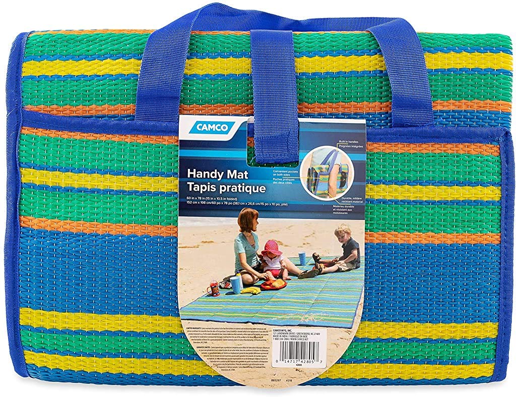Camco Handy Mat With Strap, Perfect For Picnics, Beaches, Rv And Outings, Weather-Proof And Resistant (Blue/Green - 60'' X 78'')
