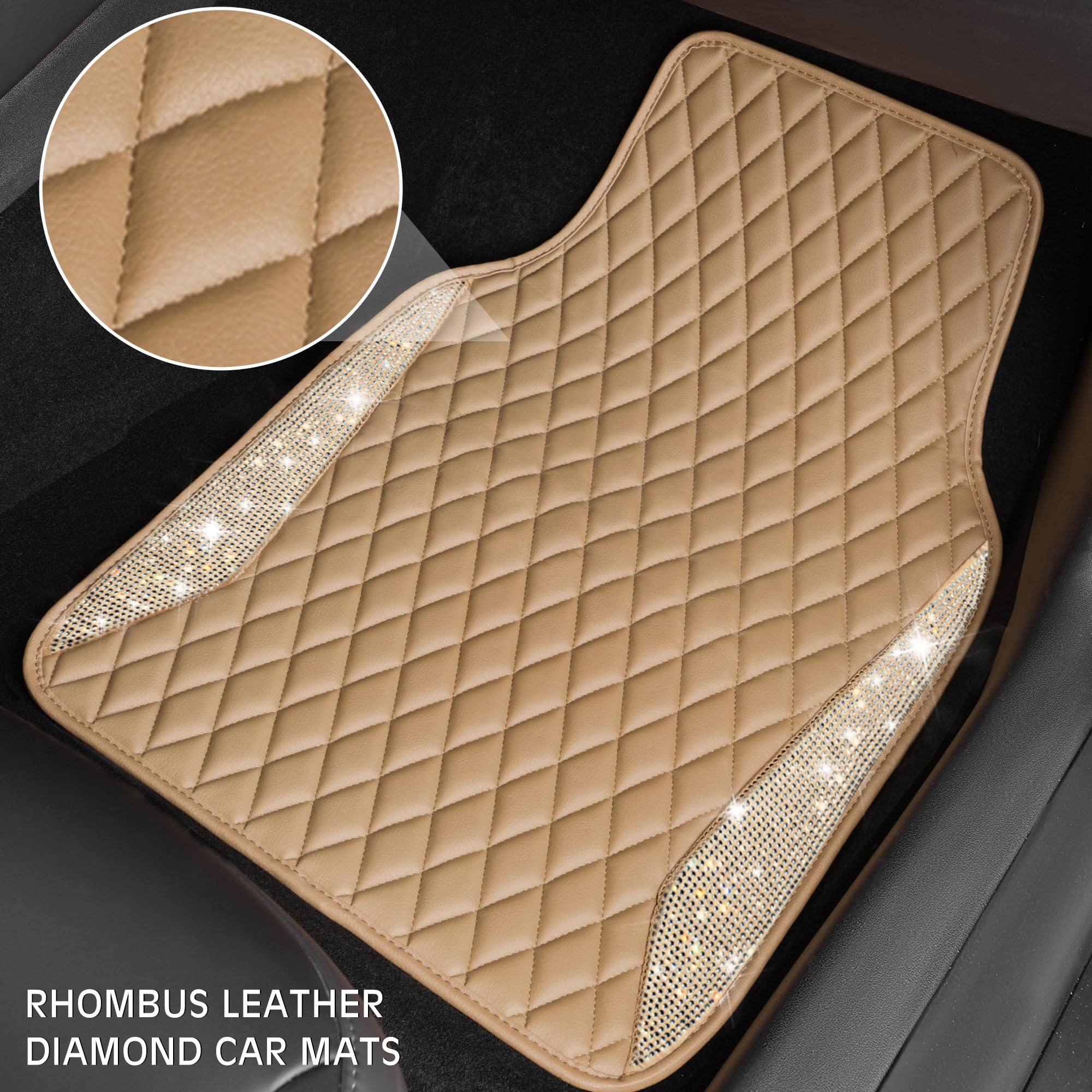 CAR PASS Bling Beige Leather Car Mats Shining Diamond Floor Mats Crystal Rhinestone Sparkly Glitter Carpet Anti-Slip Waterproof