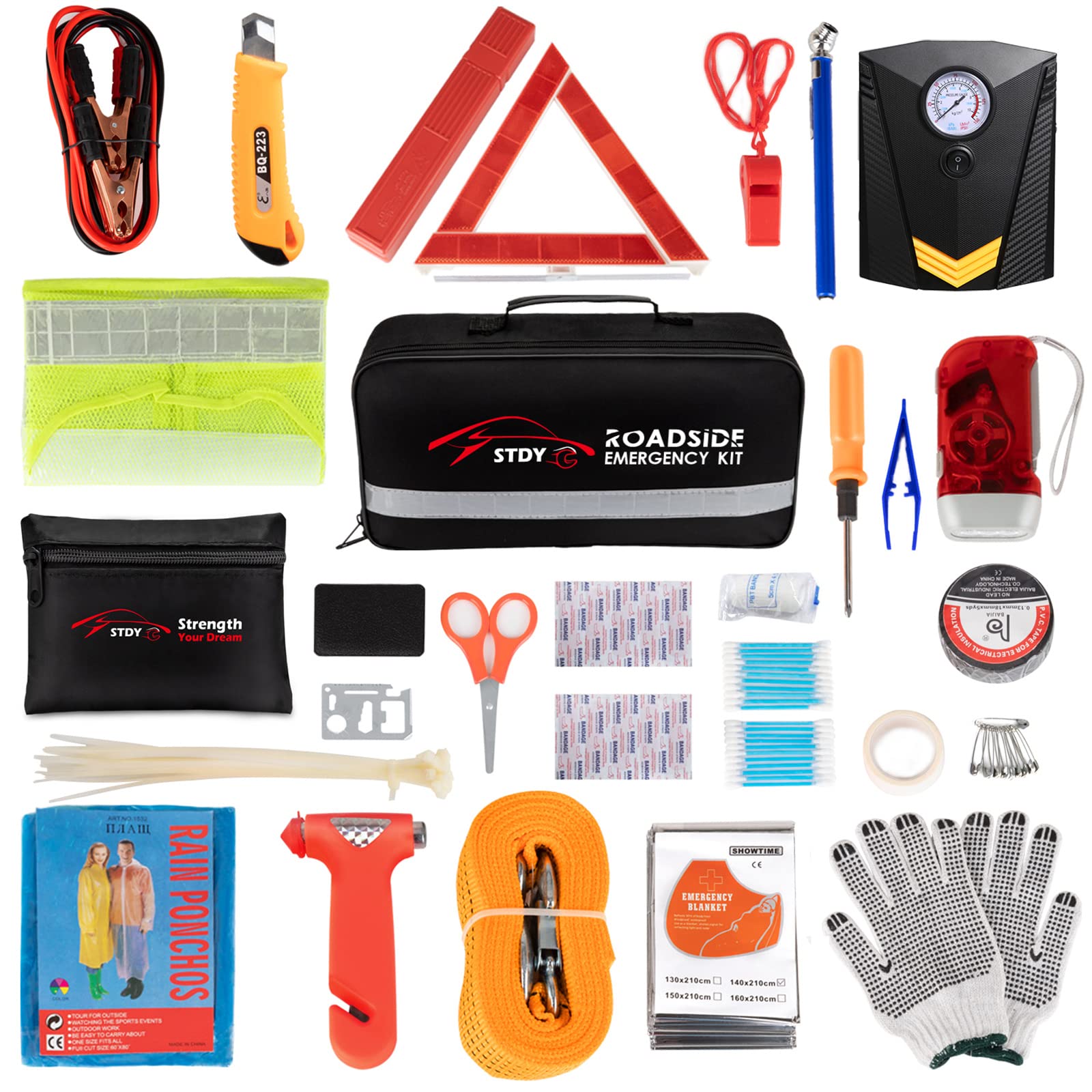 Stdy Car Roadside Emergency Kit, Vehicle Truck Safety Road Side Assistance Kits Auto Accessory, With Jumper Cables, Portable Air Compressor, Etc