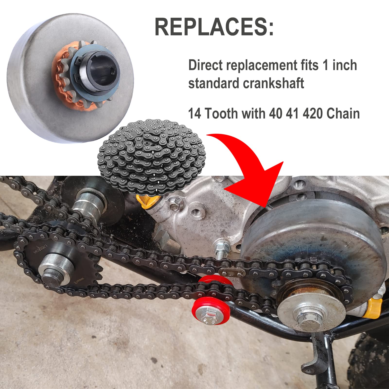 BATONECO 1'' Centrifugal Clutch 1 Inch Bore 14 Tooth with #40/41 420 Chain for Go Karts Mini Bike Lawnmower Heavy Duty Engine Up