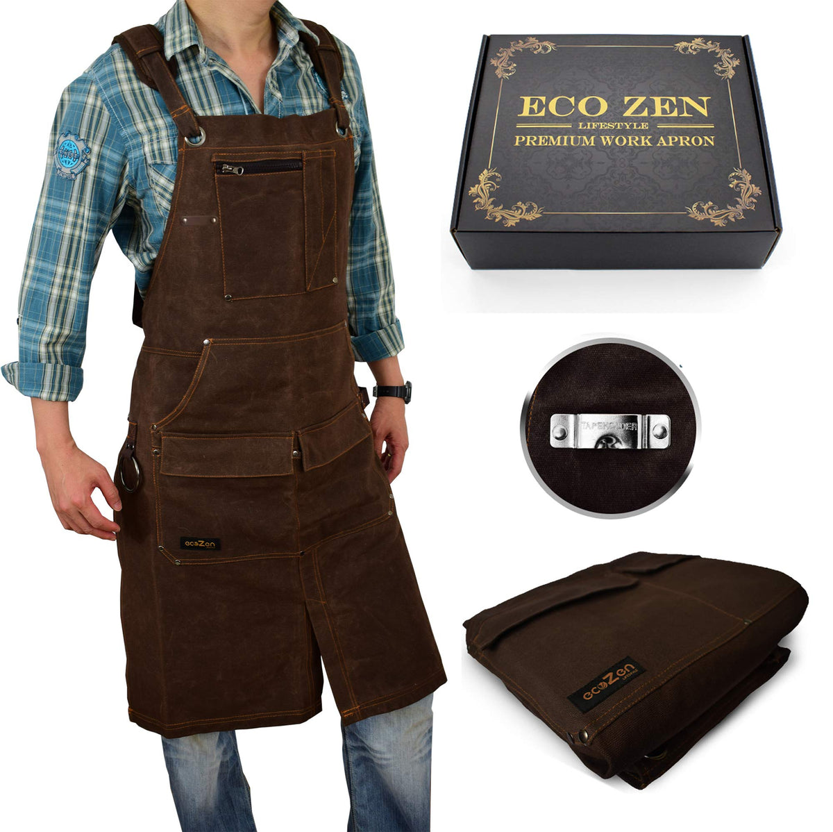 Shop Apron - 16 Oz Long Waxed Canvas Work Apron With Pockets  Waterproof, Fully Adjustable To Comfortably Fit Men And Women Size