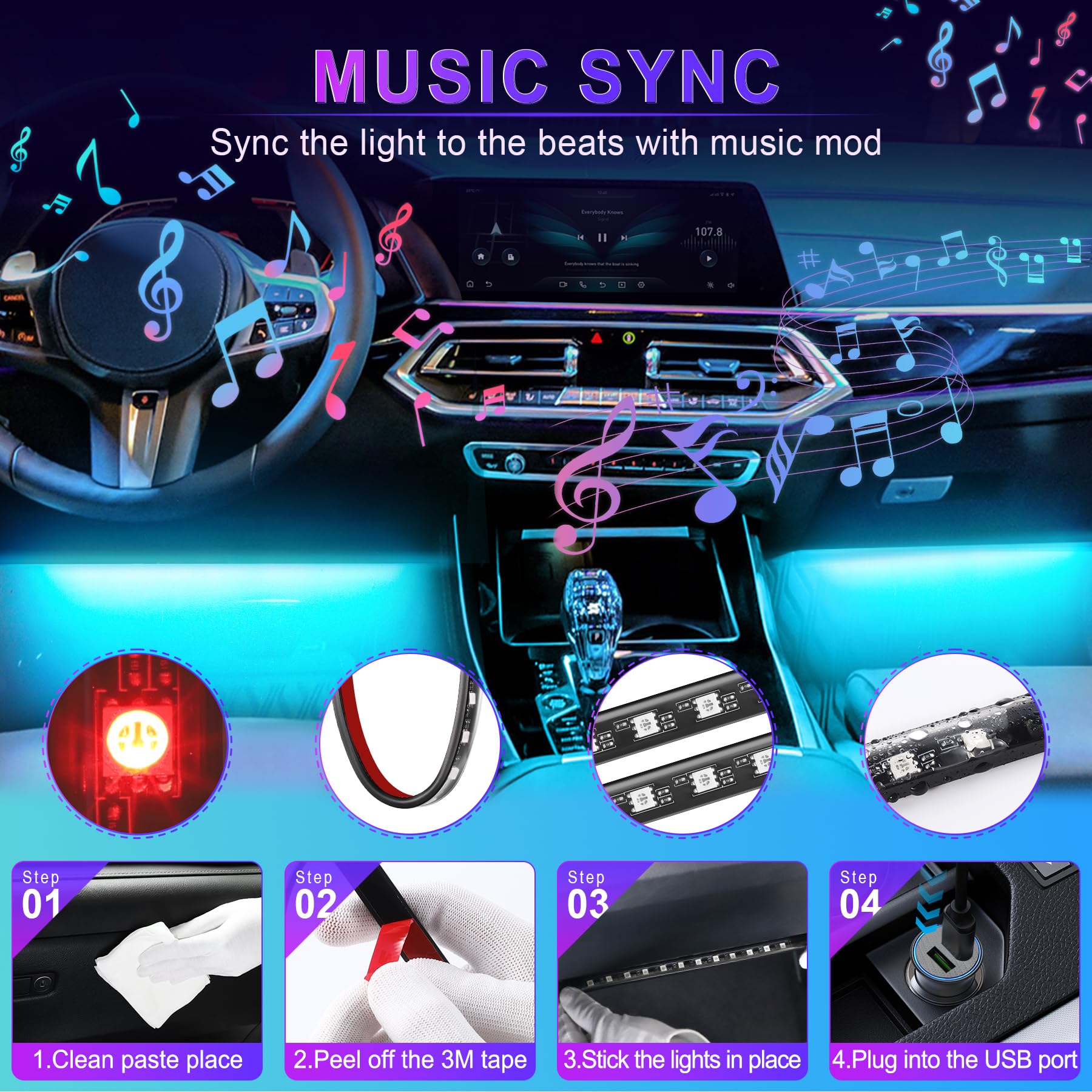 Livtee Smart Car Interior Lights, Rgb Led Accent Lights With App Control, Music Mode, Diy Mode, 2-Line Design, Charger Included,