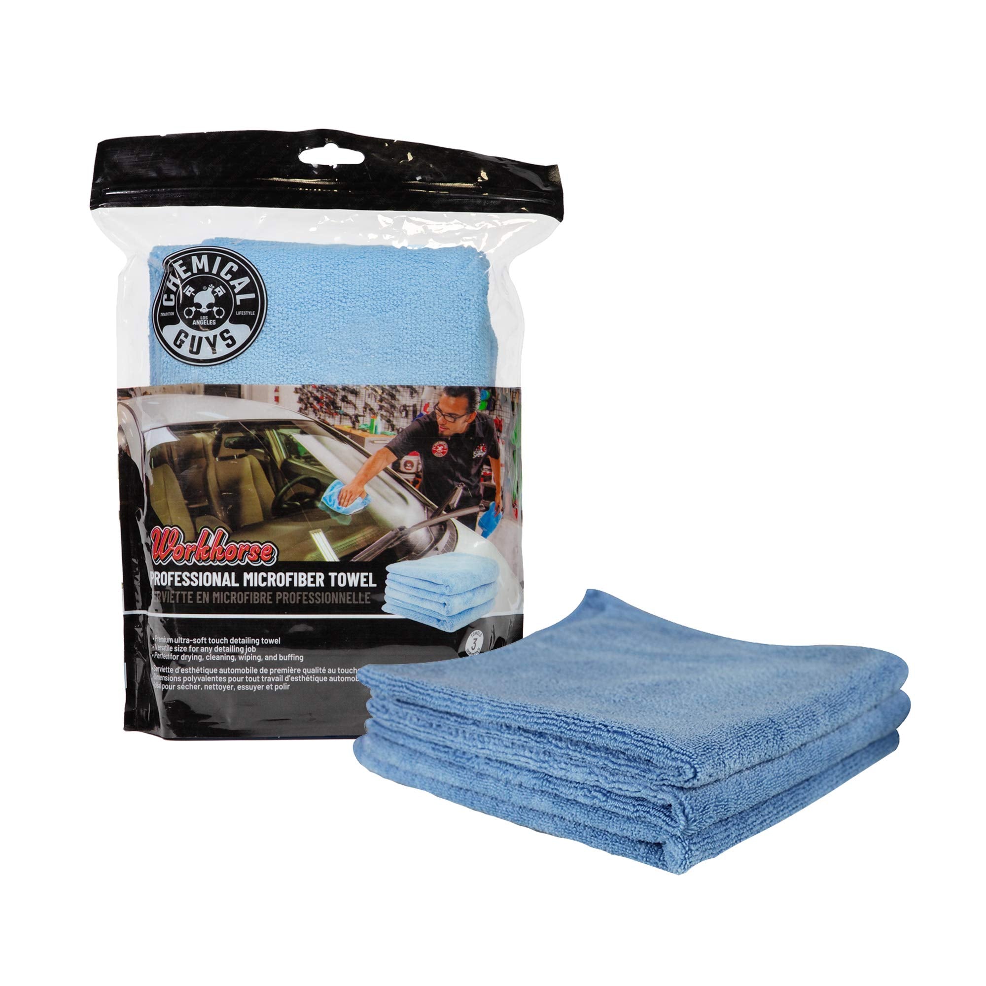 Chemical Guys Micblue03 Workhorse Professional Microfiber Towel, Blue (Safe For Car Wash, Home Cleaning & Pet Drying Cloths) 16'