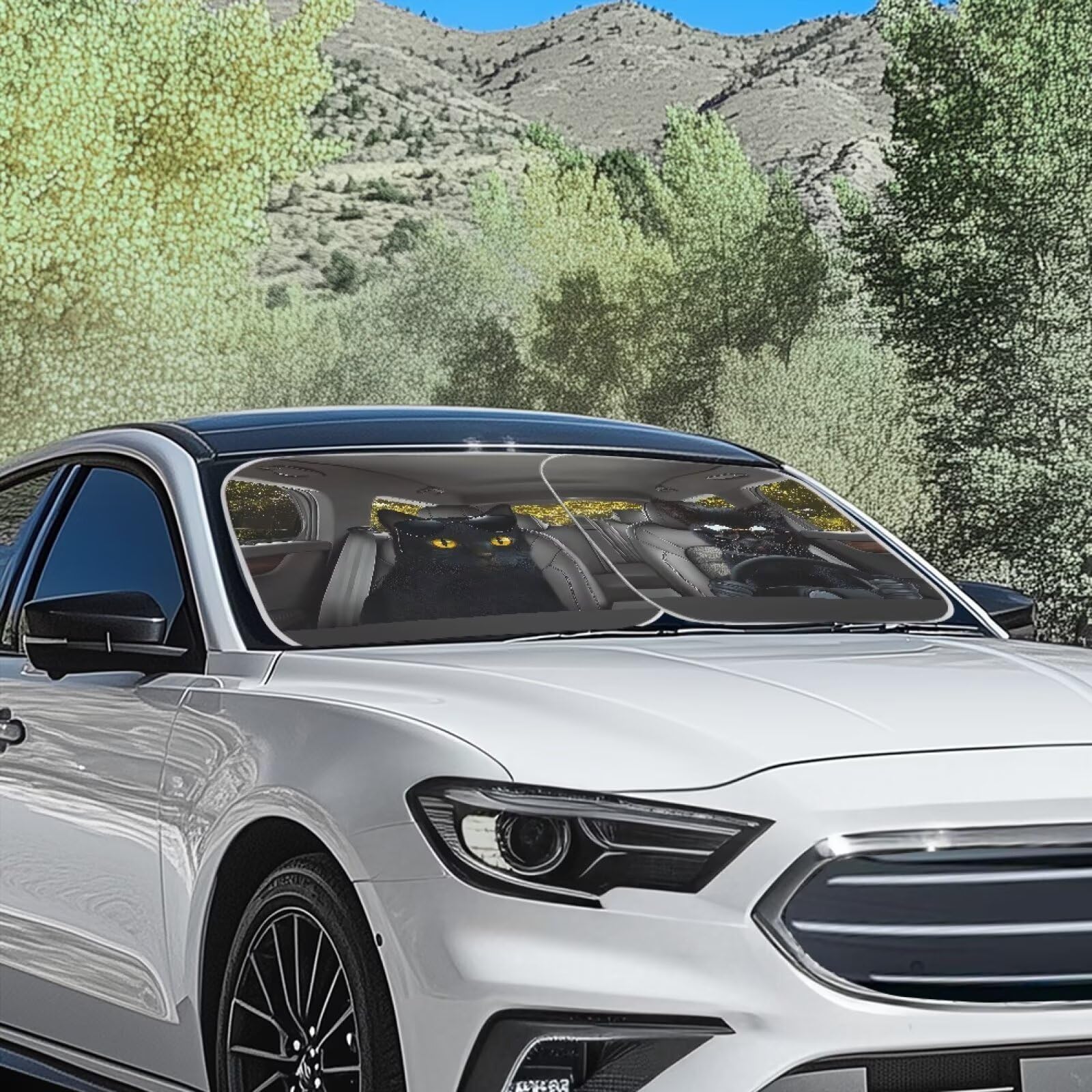 Renewold Automotive Windshield Sunshades 2Pcs Sun Shade For Car Front Window Black Cat Animal Driving Car Accessories For Most S