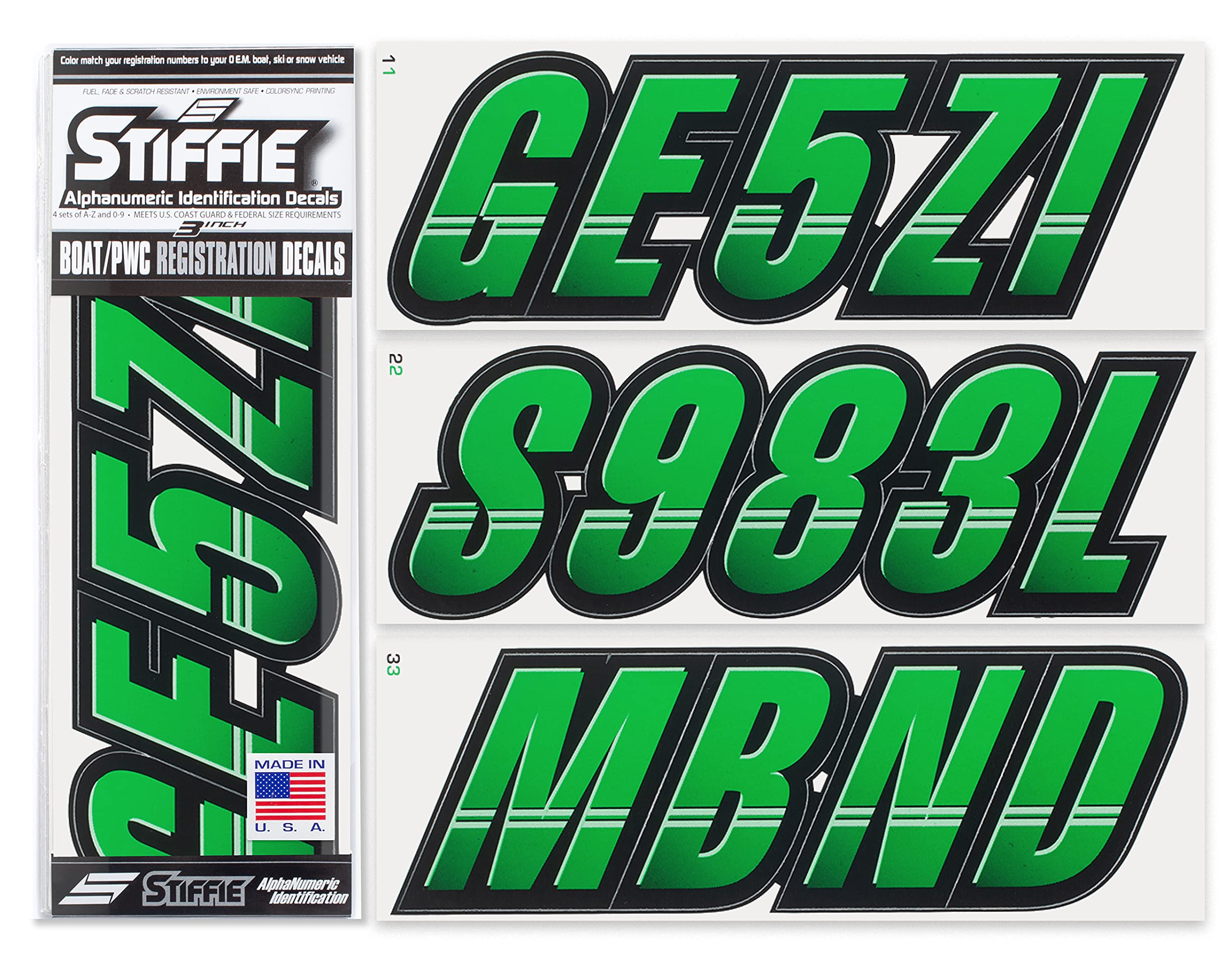 Stiffie Techtron Green/Black 3 '' Boat & Pwc Registration Decals  Numbers Letters Stickers