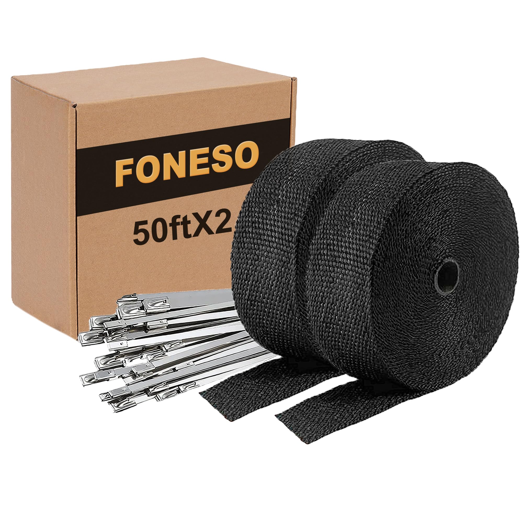 Black Exhaust Heat Wrap, Foneso 2 Roll 2 ' ' x 50 ' Exhaust Header Wrap Tape Fiberglass Heat Shield Tape with 24pcs Stainless St