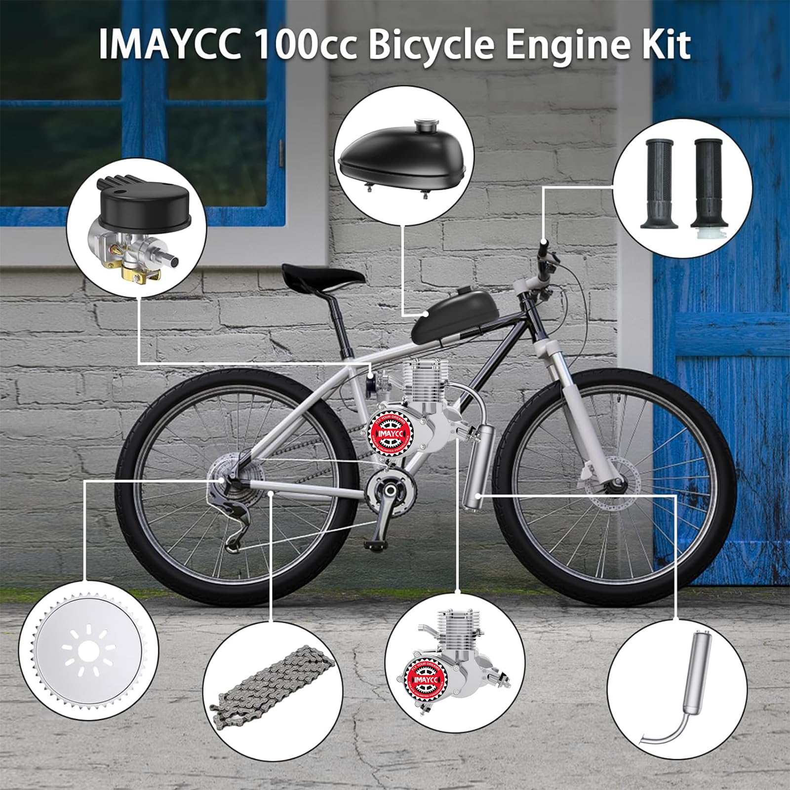 IMAYCC Bike Motor Kit 100cc Motorized Bike Kit 2 Stroke Gas Bicycle Engine Conversion Kit Fit for 26-28'' Bikes (100CC Silver)