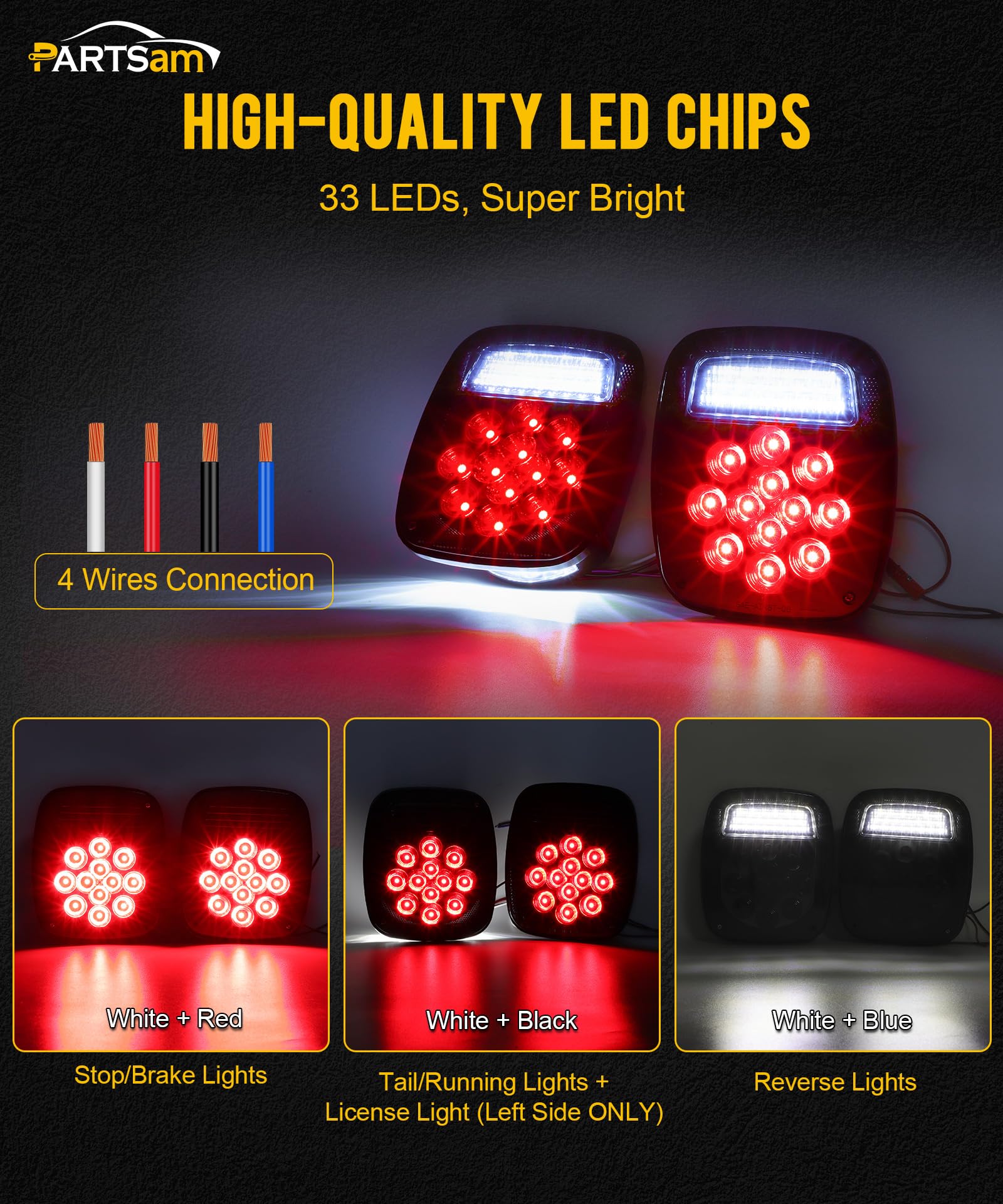 Partsam 2X Led Dump Truck Tail Lights 33 Leds Universal Stop Turn Backup Reverse Taillights With License Plate Light Smoke Lens