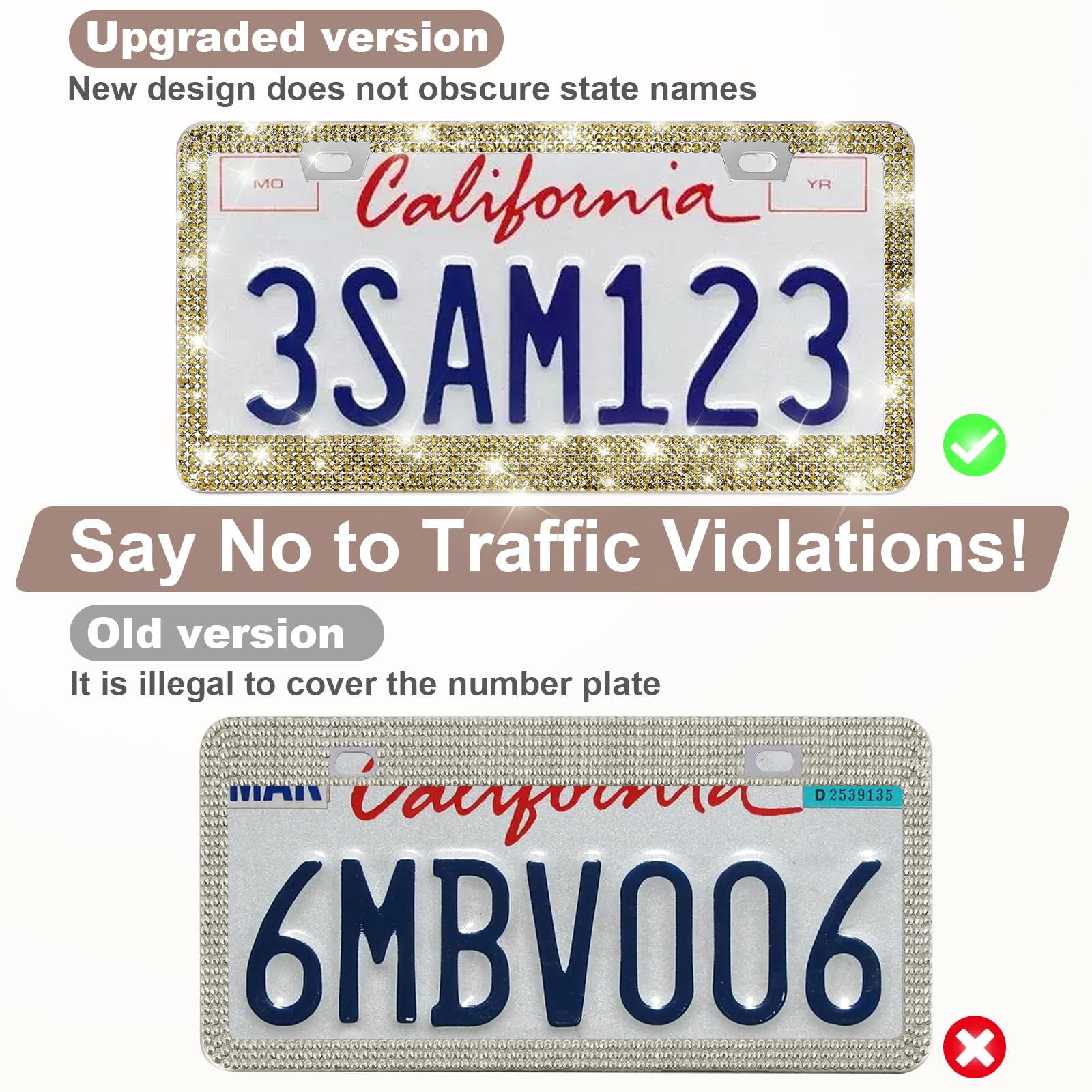 Quanqiufei 2 Pack Bling License Plate Frames For Women, Sparkly Rhinestone Diamond Car Accessories With Glitter Crystal Caps (Go