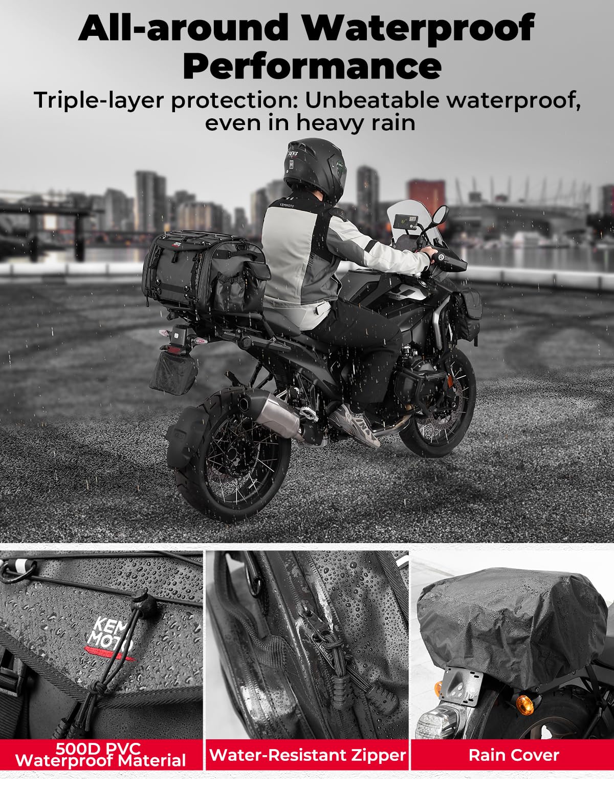 KEMIMOTO Motorcycle Tail Bag, Dual Use Motorcycle Rear Seat Bag with Waterproof Rain Cover, 45L Expandable Motorbike Helmet Bag