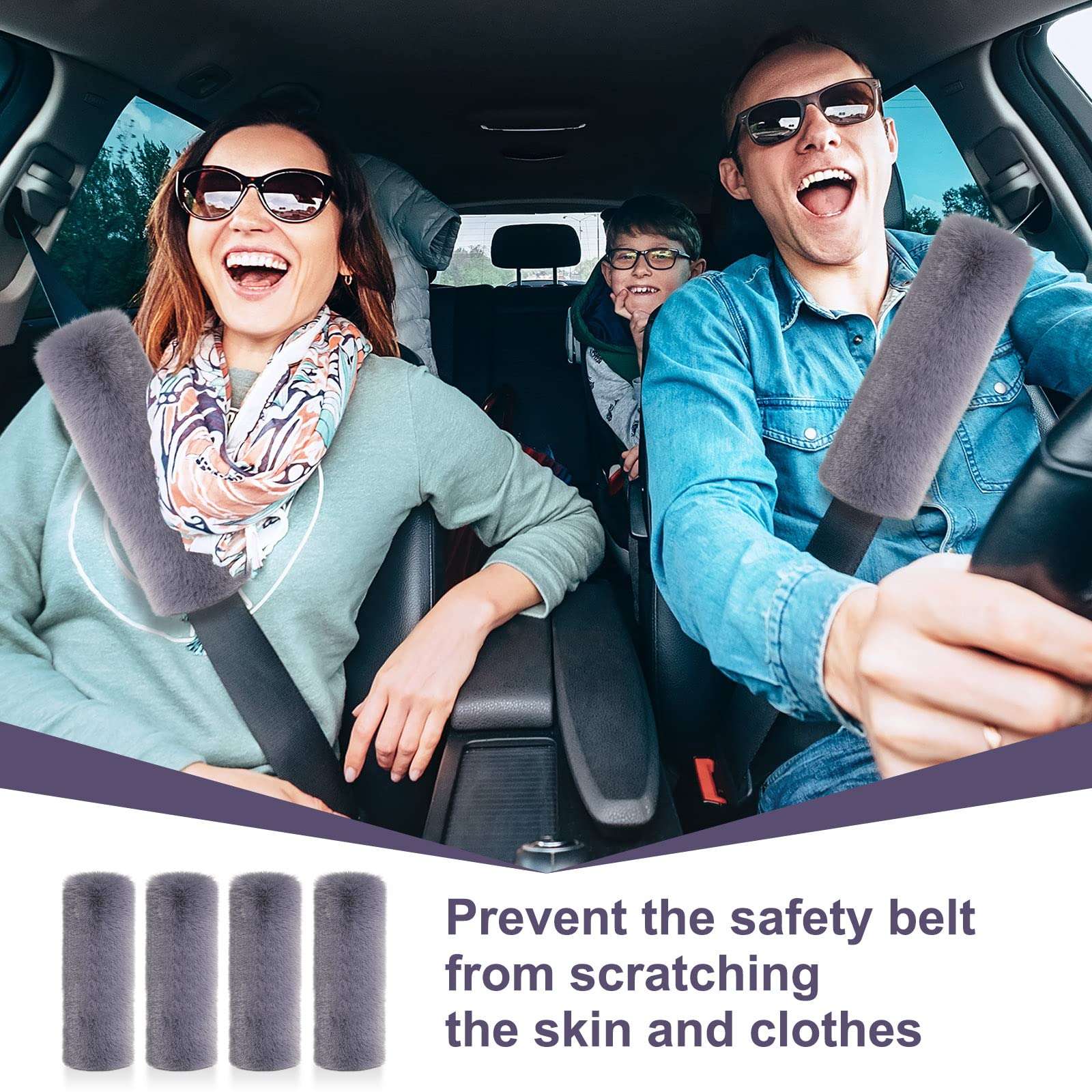 Boao 4 Pack Faux Sheepskin Car Seat Belt Pads Seatbelt Protector Soft Seat Belt Shoulder Strap Cover Comfort Harness Pad(Dark Gr