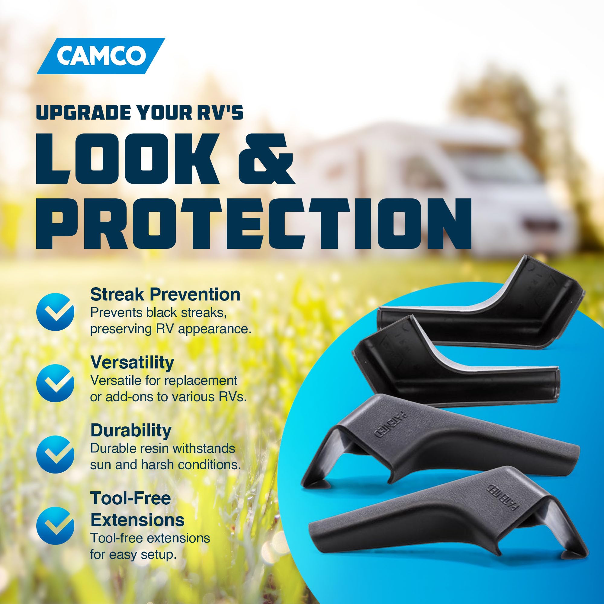 Camco 42462 Wide Gutter Spout With Built-In 3 Inch Extension For Rv, Trailer, Or Camper Exterior Protection, Black, (4 Pack With 2 Left And 2 Right)