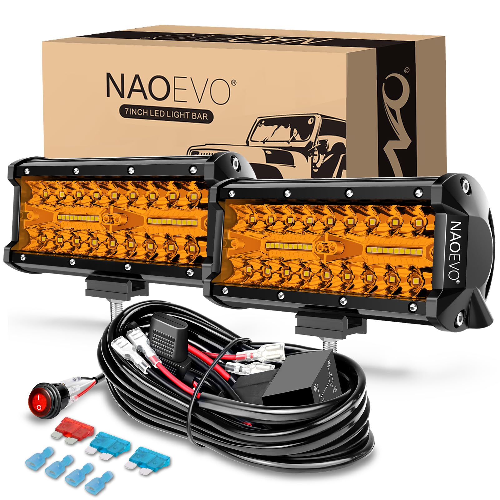 Naoevo 7 Inch Amber Led Light Bar, 240W 24,000Lm Offroad Fog/Driving Lights Led Pods With 2 Leads Wiring Harness Kit, Spot & Flo