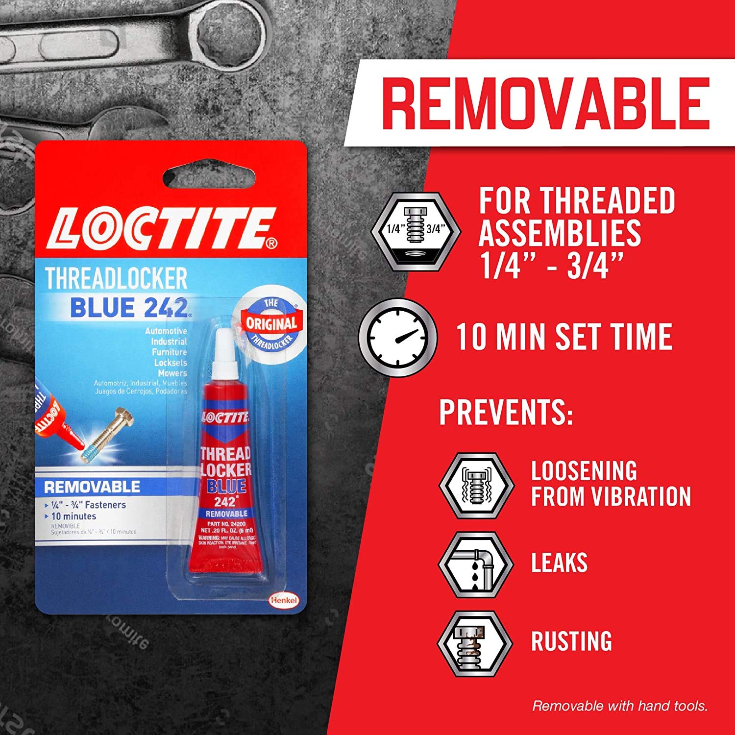 Loctite Threadlocker Blue 242 - Removable Thread Lock Glue For Nuts, Bolts, & Fasteners, Medium Strength Screw Glue To Prevent L