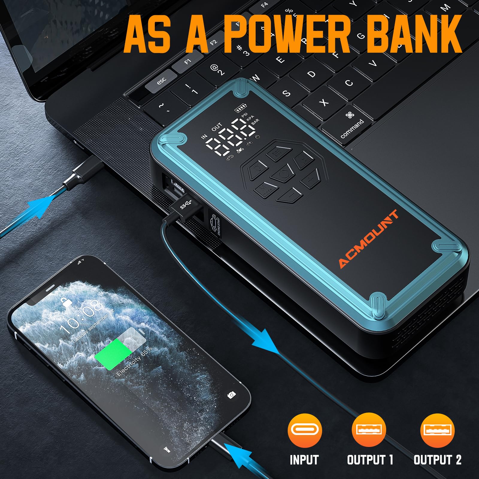 Jump Starter With Air Compressor, Acmount 5000A Car Battery Jump Starter With 150Psi Tire Inflator For Up To 9.0 Gas/8.0L Diesel