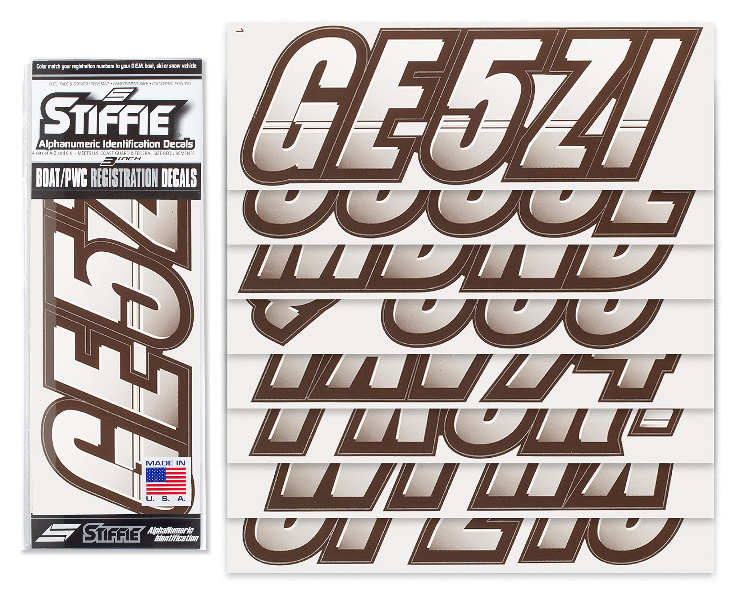 Stiffie Techtron White/Espresso Brown 3 '' Boat & Pwc Registration Decals  Numbers Letters Stickers