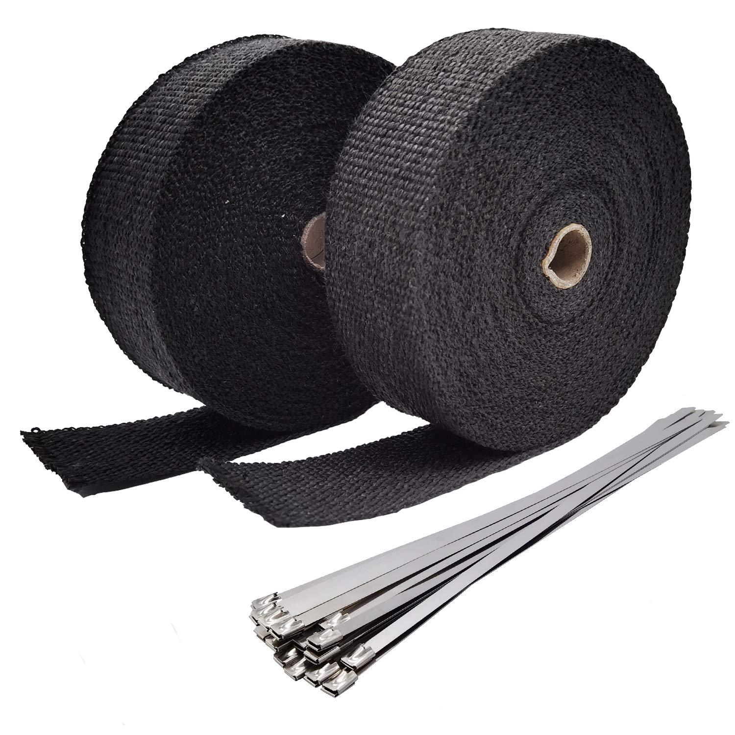 Ucreative Black Fiberglass Exhaust Header Heat Wrap 2 Rolls (2'' X 50' Each Roll) Kit With 20Pcs 11.8 Inch Stainless Steel Locki