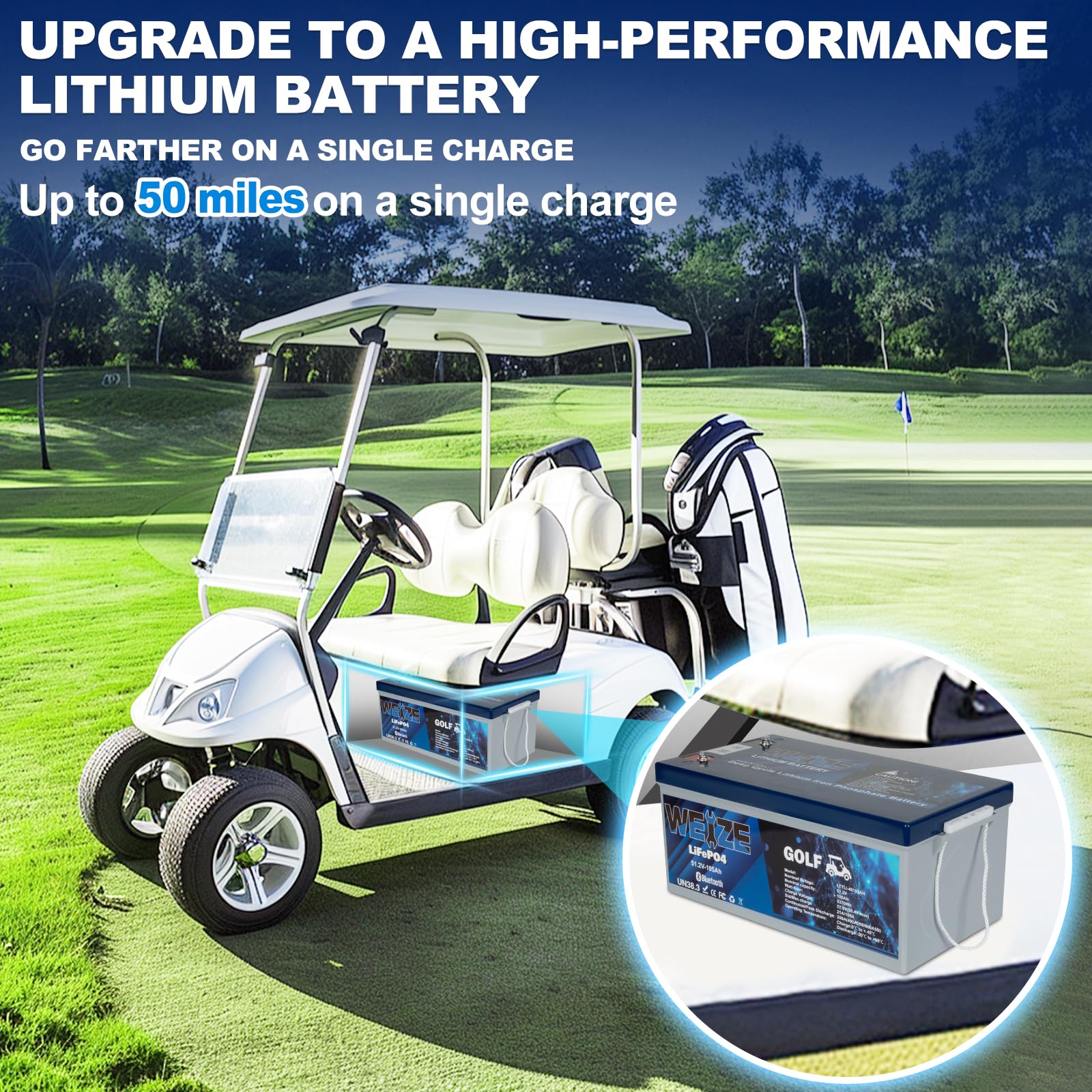 Weize 48V 105Ah Golf Cart Bluetooth Lifepo4 Battery (Replace 6X8V Gc8) With 48V 18A Lithium Batteries Charger, 200A Bms, Grade A