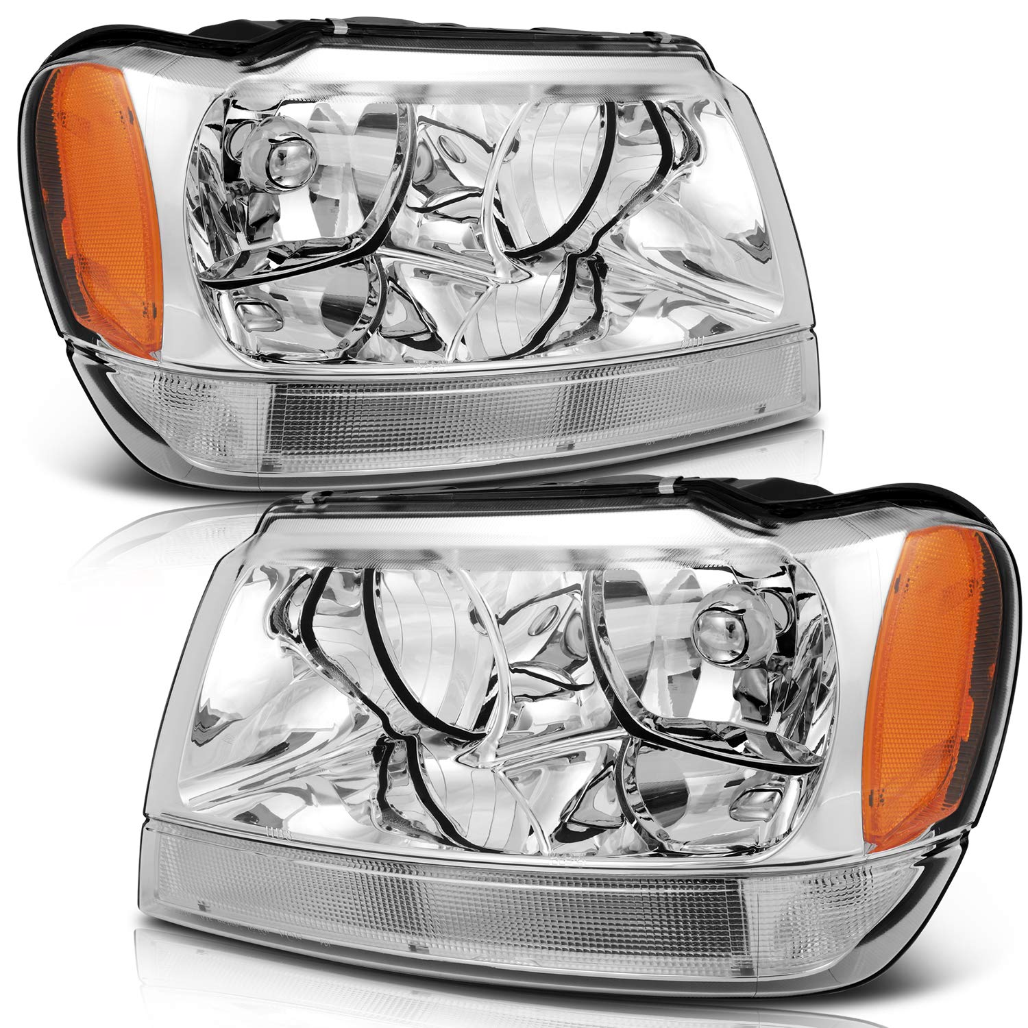OCPTY Compatible For Jeep Grand Cherokee 1999-2004 Headlight Headlamps Chrome Housing Amber Corner
