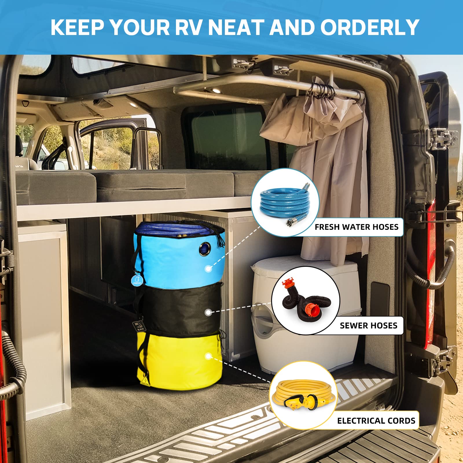 Rv Hose Storage Bag Of 3 Pack, Camper Accessories For Outside, Rubber Identification Tags For Fresh/Black Water Sewer Hoses Electrical Cords & Accessories, 3 Colors Of Rv Equipment Storage Utility Bag