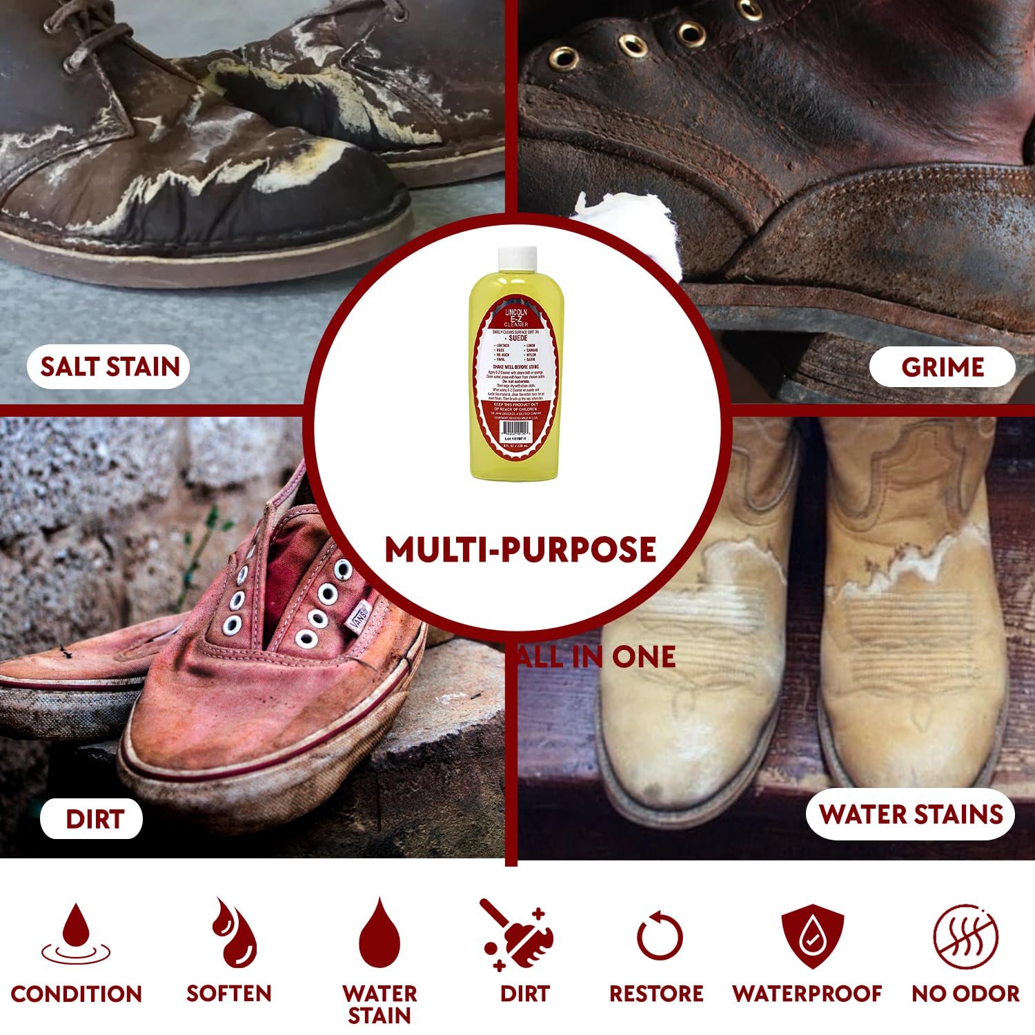 Lincoln E-Z Cleaner -The Original All-Purpose Cleaner For Leather, Suede, Fabric- Removes Dirt, Salt Stains 8Oz Made In Usa